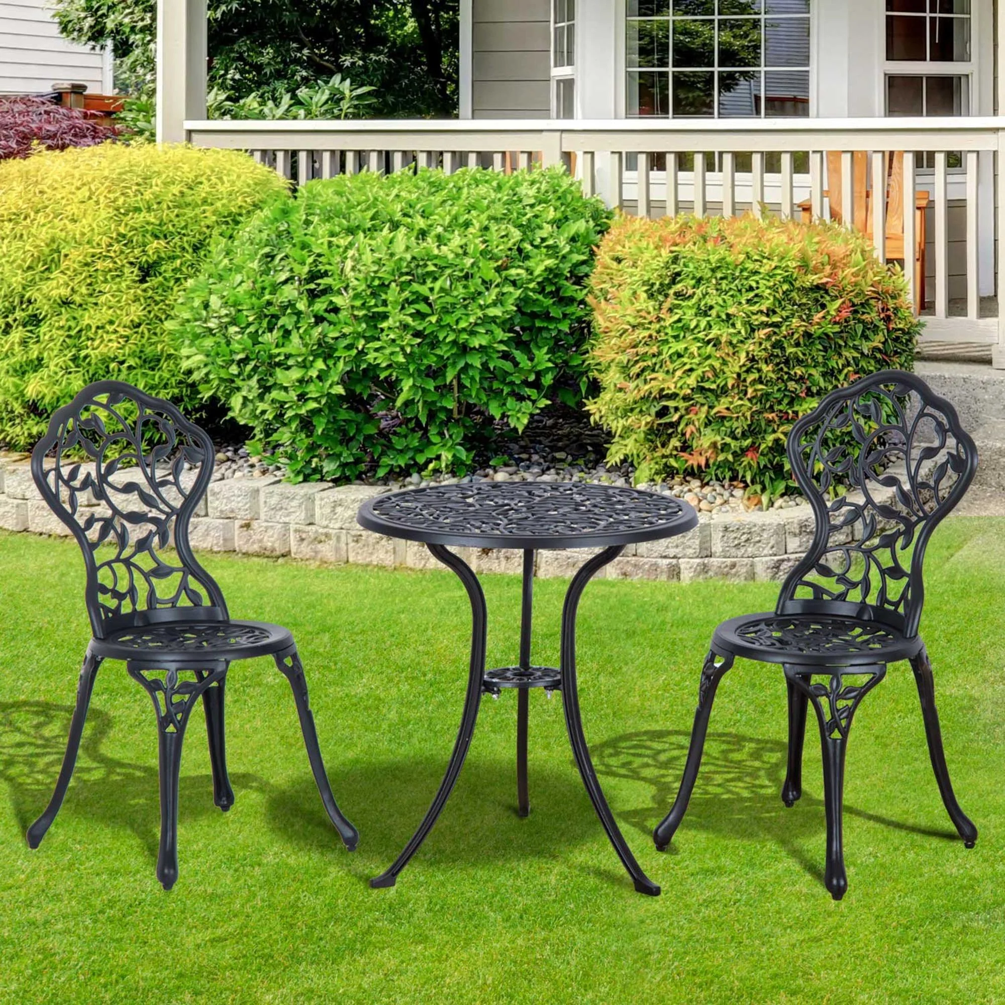 3 Pieces Outdoor Furniture Set, Patio Table and Chairs for Garden, Balcony, Porch, Black - Image 3