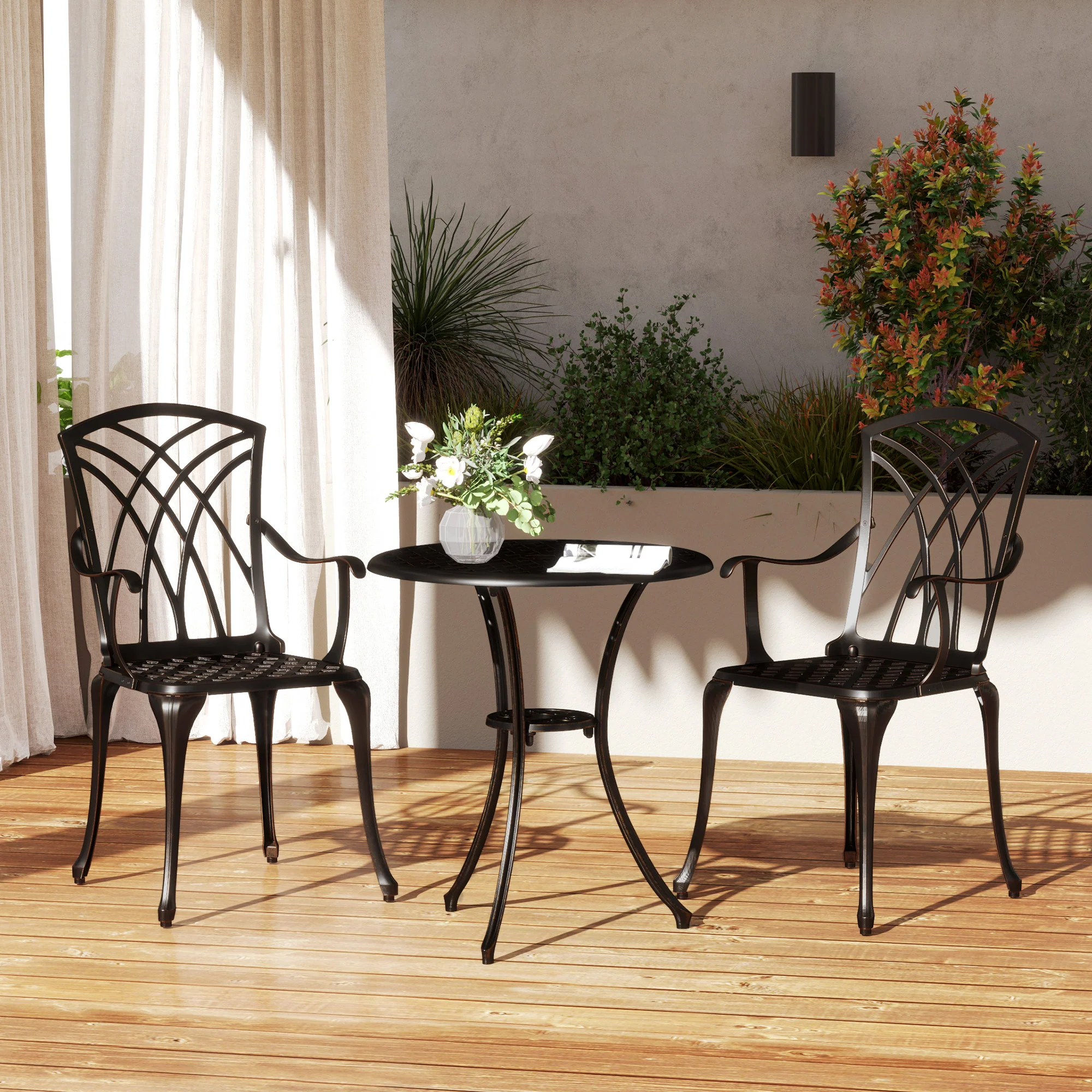 3 Piece Garden Dining Set, Outdoor Aluminium Round Table & Armchairs with Parasol Hole, Bronze Tone - Image 4
