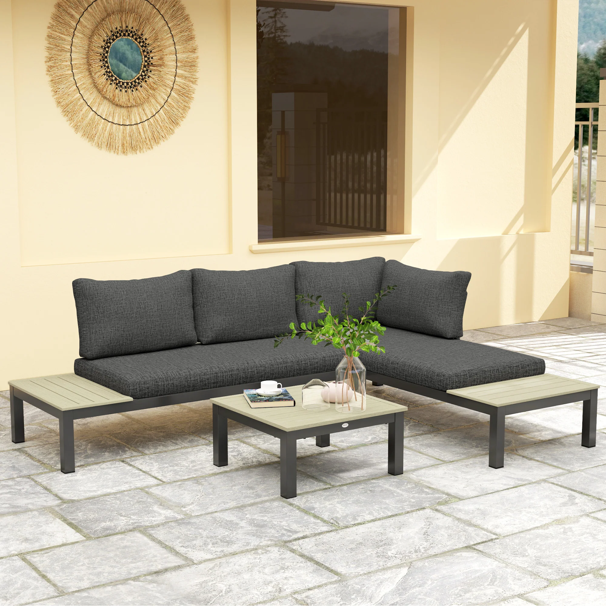 3 Pieces Aluminium Corner Sofa Set with 2 Loveseats, Coffee Table and Side Trays, Dark Grey - Image 10