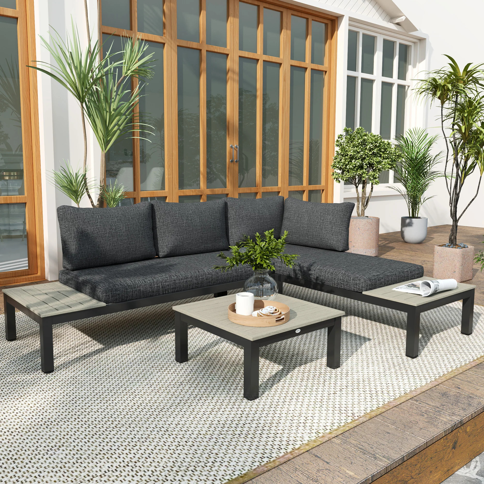 3 Pieces Aluminium Corner Sofa Set with 2 Loveseats, Coffee Table and Side Trays, Dark Grey - Image 4