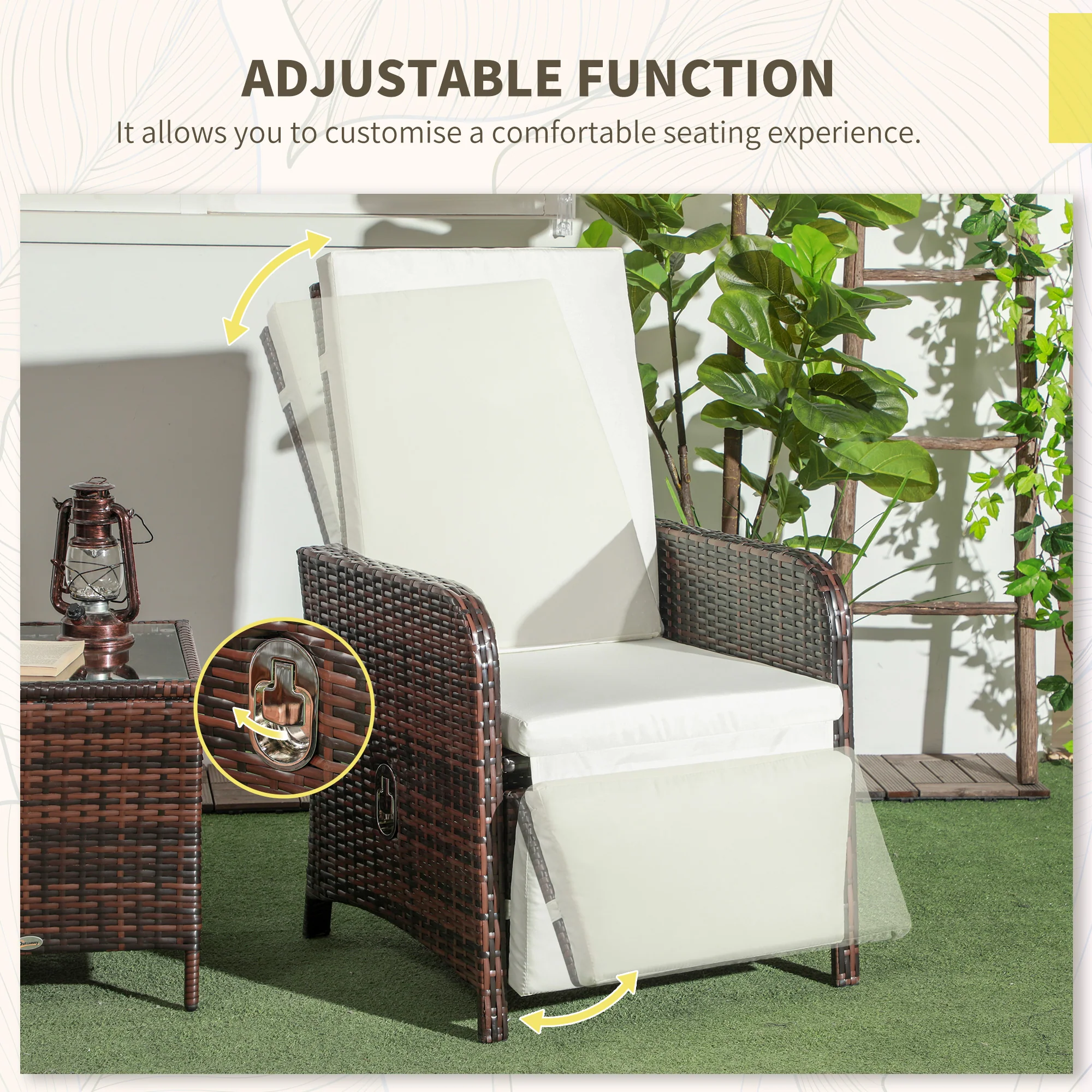 3 Pieces Garden Rattan Bistro Set with Adjustable Backrest Armchairs & Glass Top Table, Mixed-Brown - Image 6