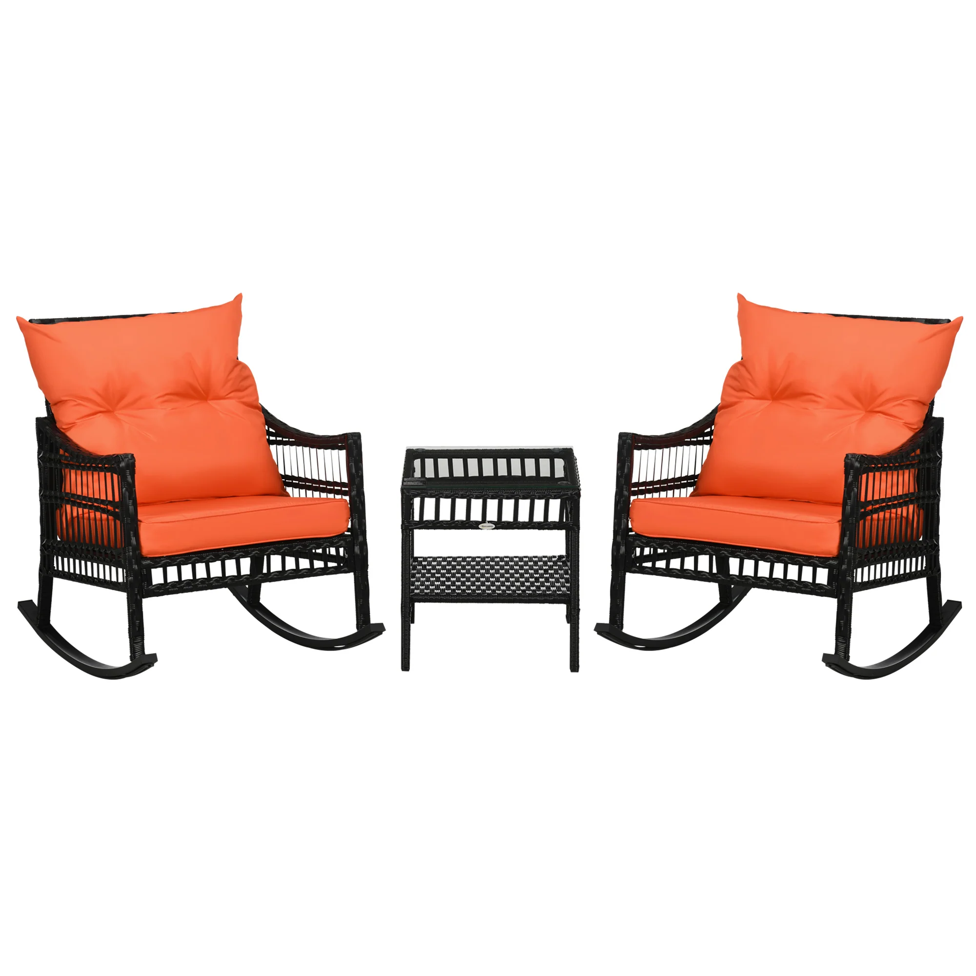 3 Pieces PE Rattan Rocker Chair Set with Soft Cushion & Tempered Glass Table, Orange - Image 12