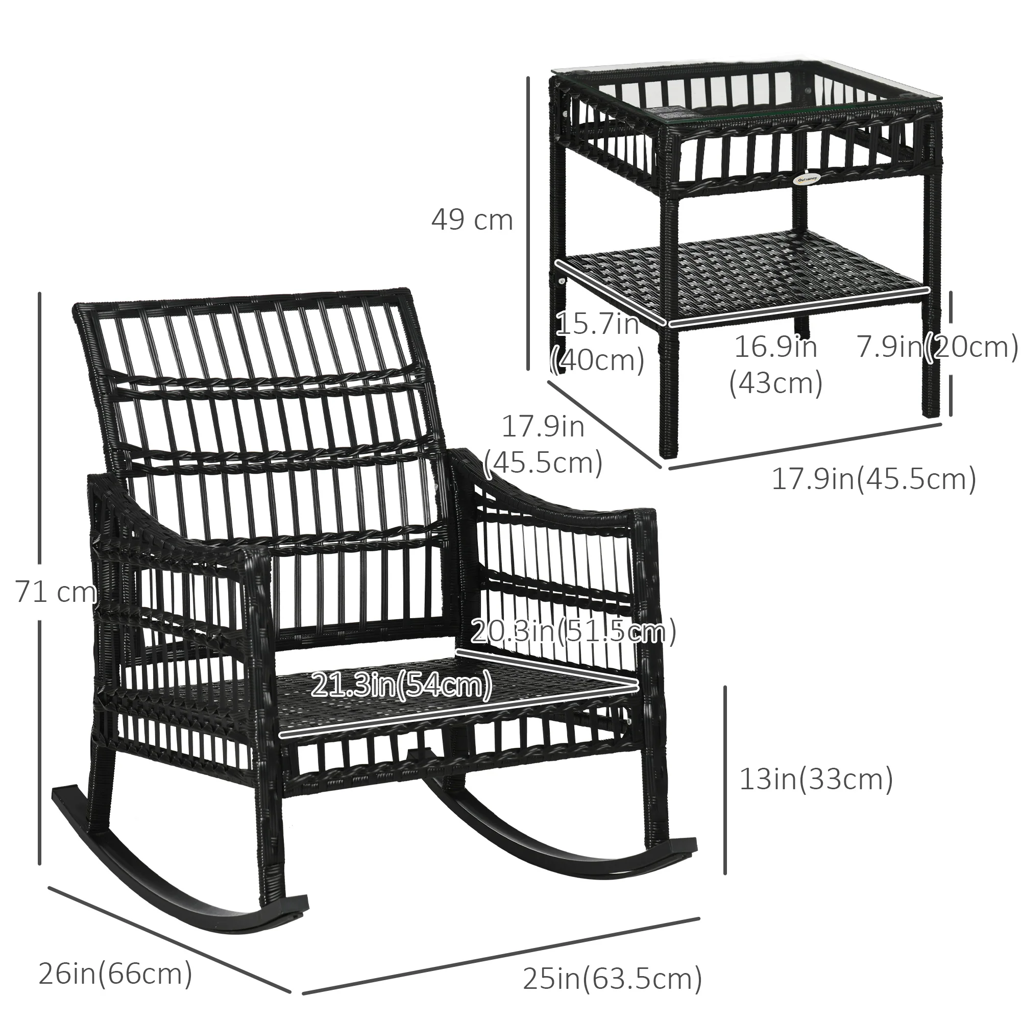 3 Pieces PE Rattan Rocker Chair Set with Soft Cushion & Tempered Glass Table, Orange - Image 5