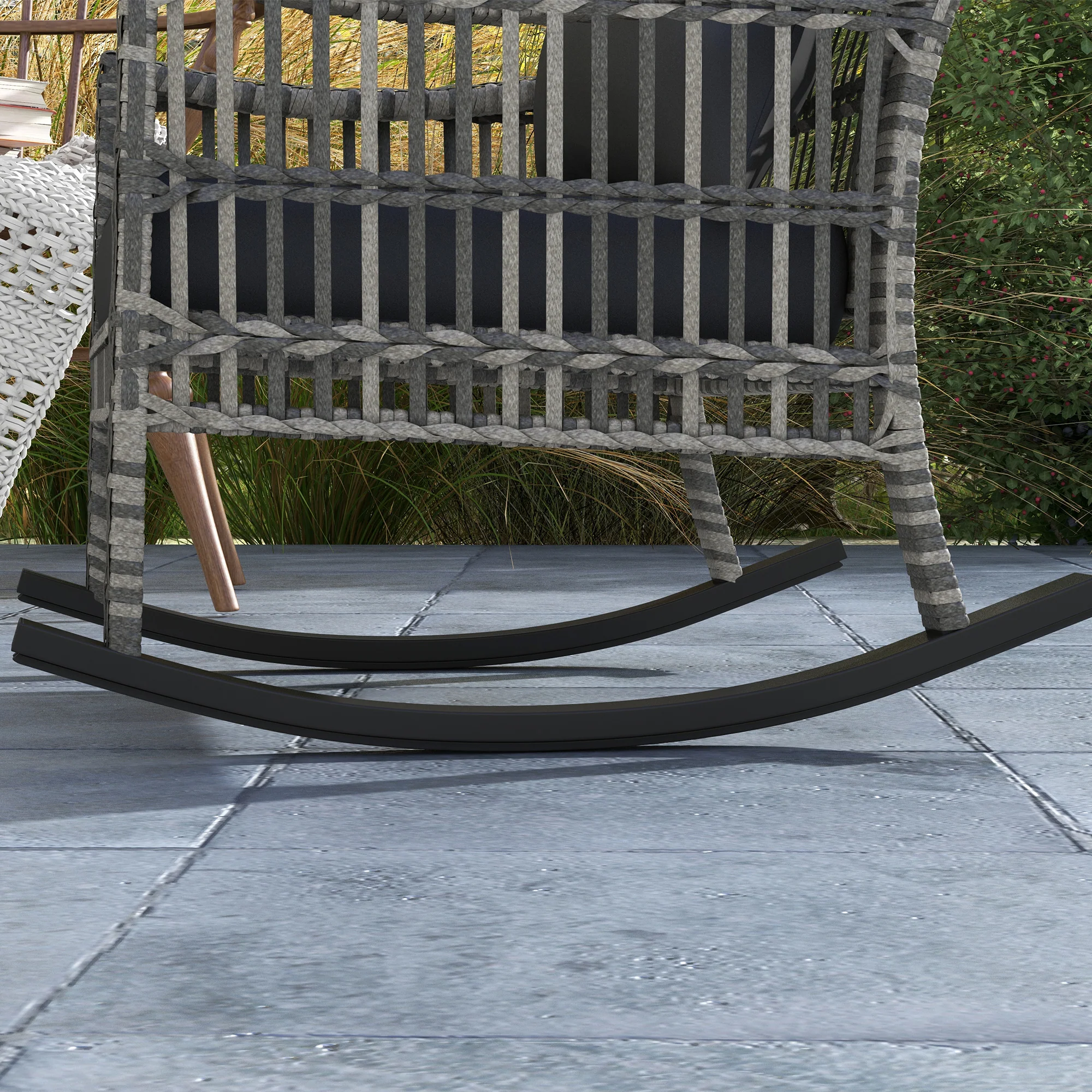 3 Pieces PE Rattan Rocker Chair Set with Soft Cushion & Tempered Glass Table, Mixed Grey - Image 10