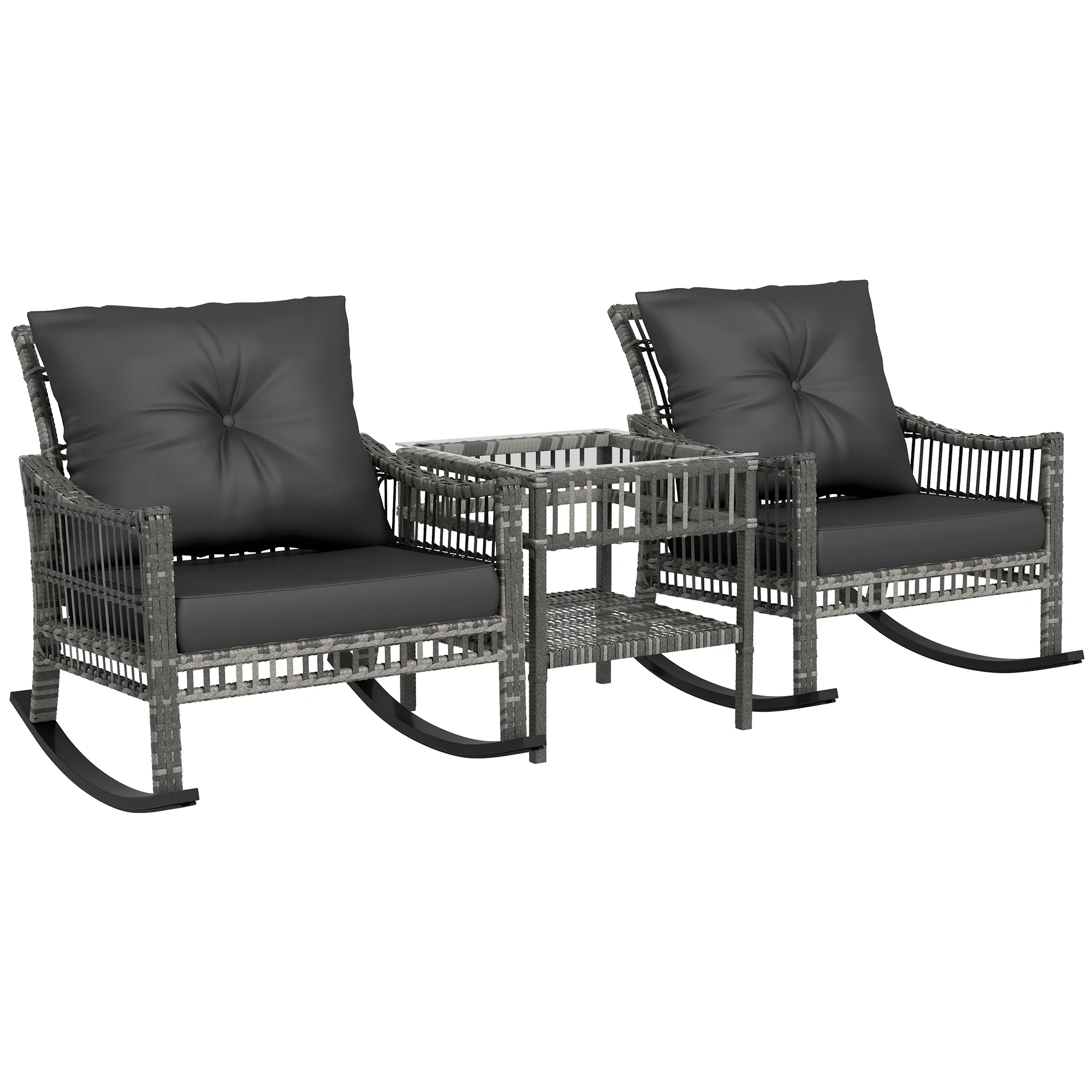 3 Pieces PE Rattan Rocker Chair Set with Soft Cushion & Tempered Glass Table, Mixed Grey - Image 12