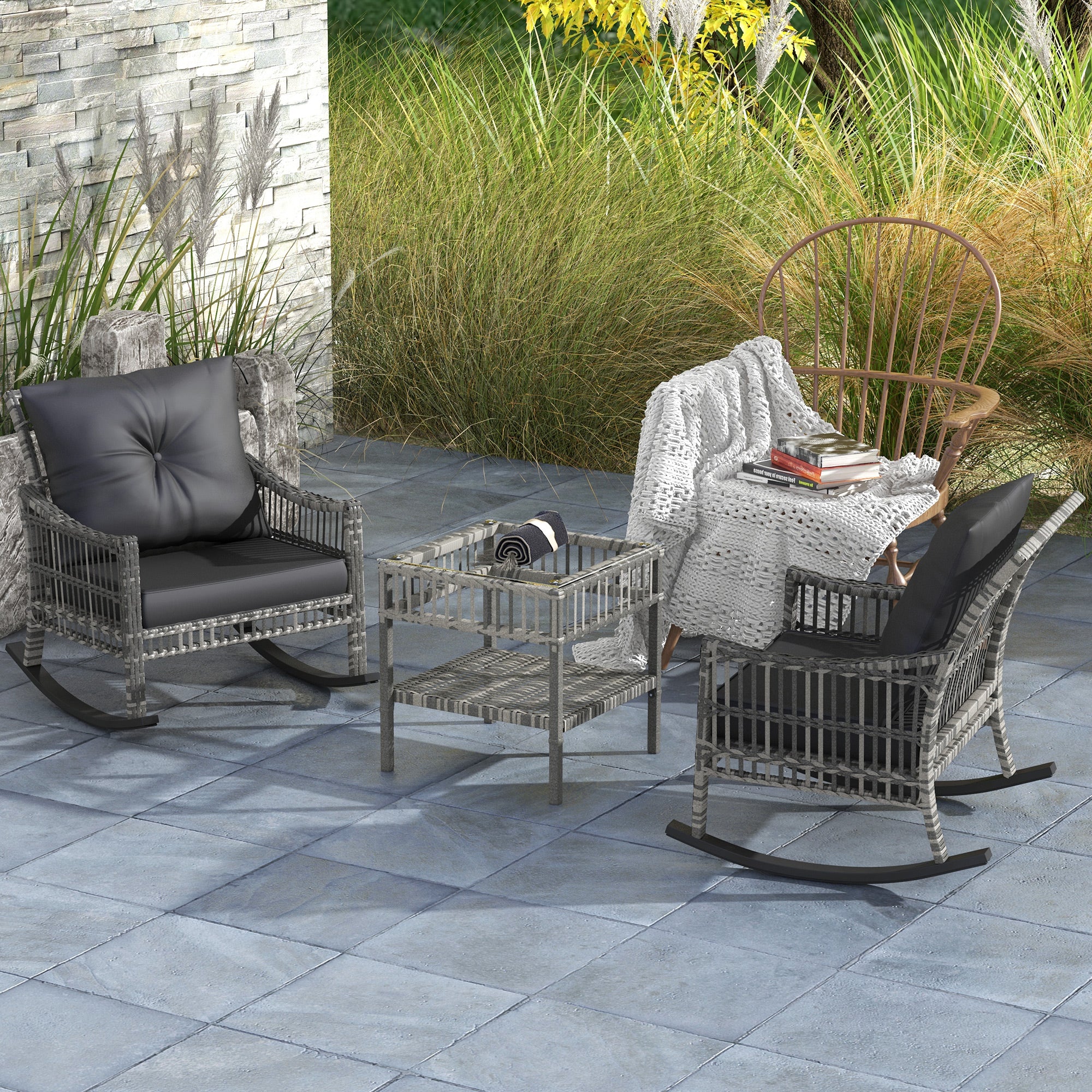 3 Pieces PE Rattan Rocker Chair Set with Soft Cushion & Tempered Glass Table, Mixed Grey - Image 3