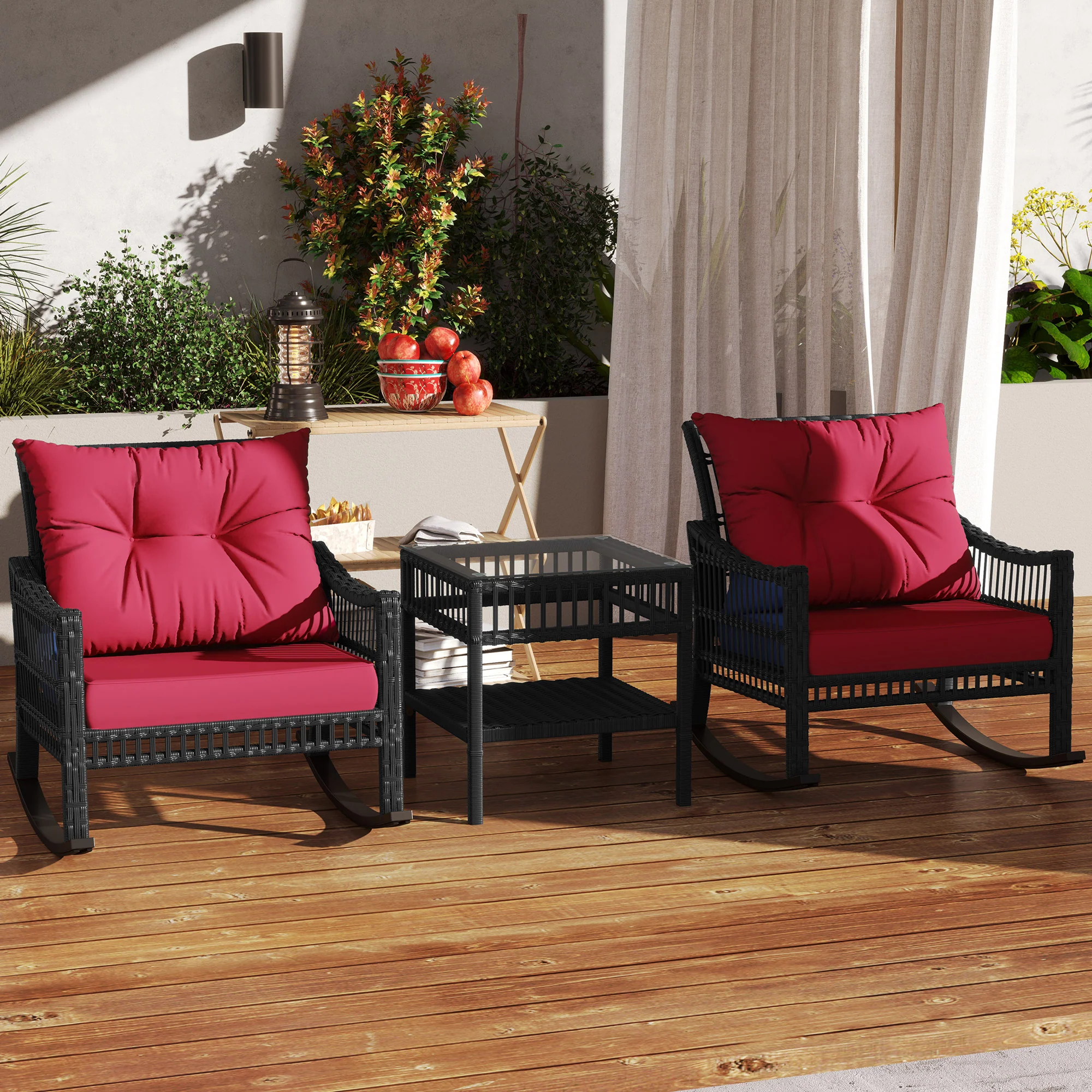 3 Pieces PE Rattan Rocker Chair Set with Soft Cushion & Tempered Glass Table, Red - Image 4