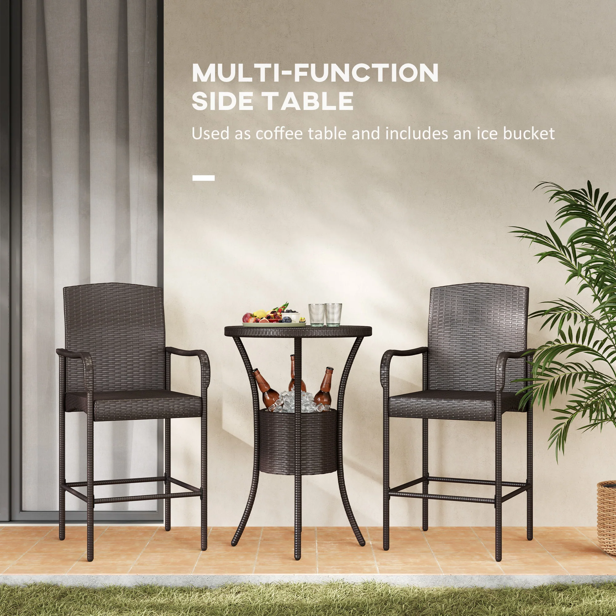 3Pcs Rattan Patio Bar Set, Outdoor Conversation Furniture Set w/ Ice Bucket, Dark Brown - Image 8