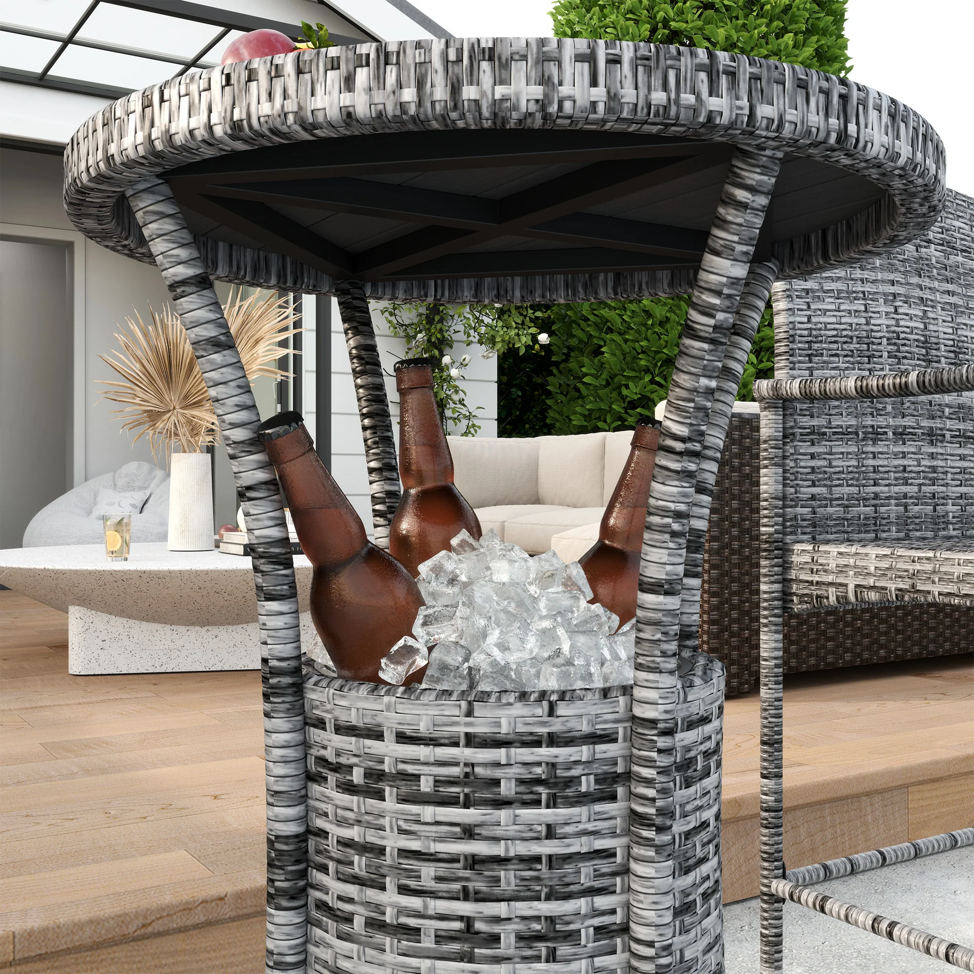 3Pcs Rattan Patio Bar Set, Outdoor Conversation Furniture Set w/ Ice Bucket, Mixed Grey - Image 11