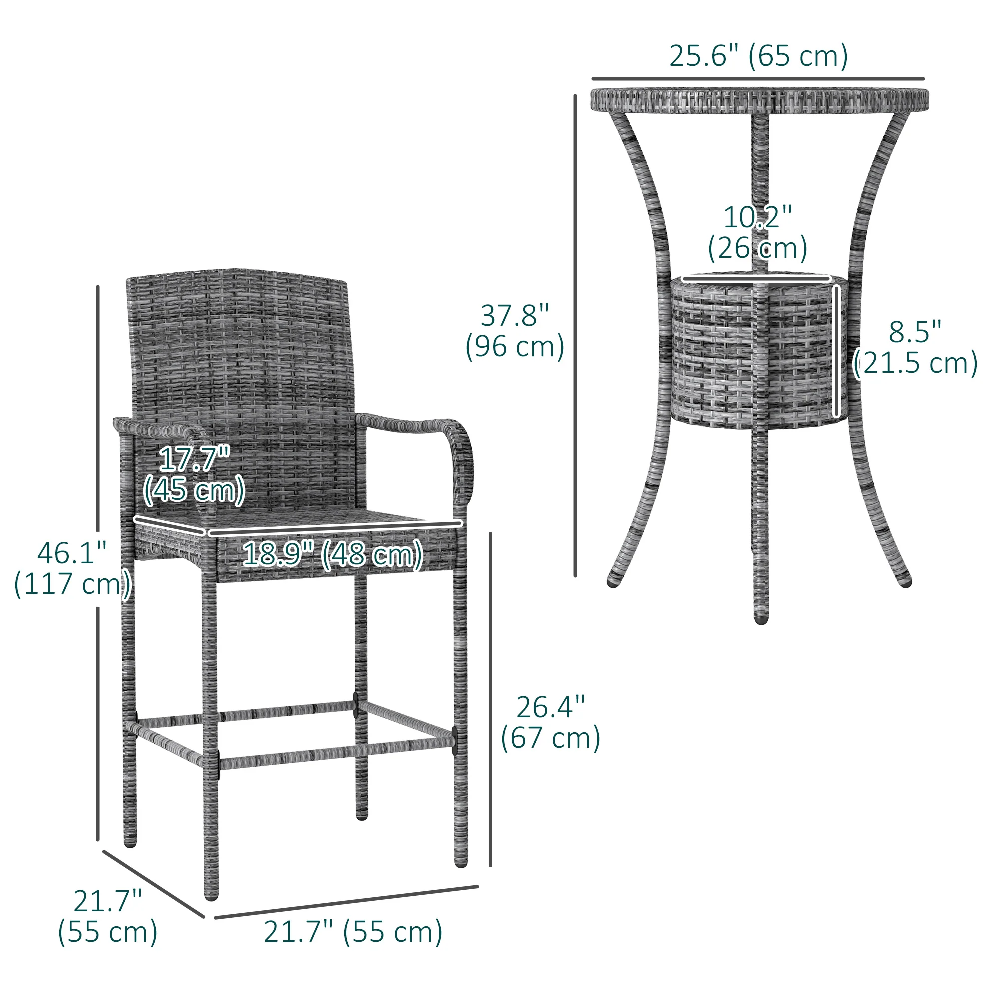 3Pcs Rattan Patio Bar Set, Outdoor Conversation Furniture Set w/ Ice Bucket, Mixed Grey - Image 5