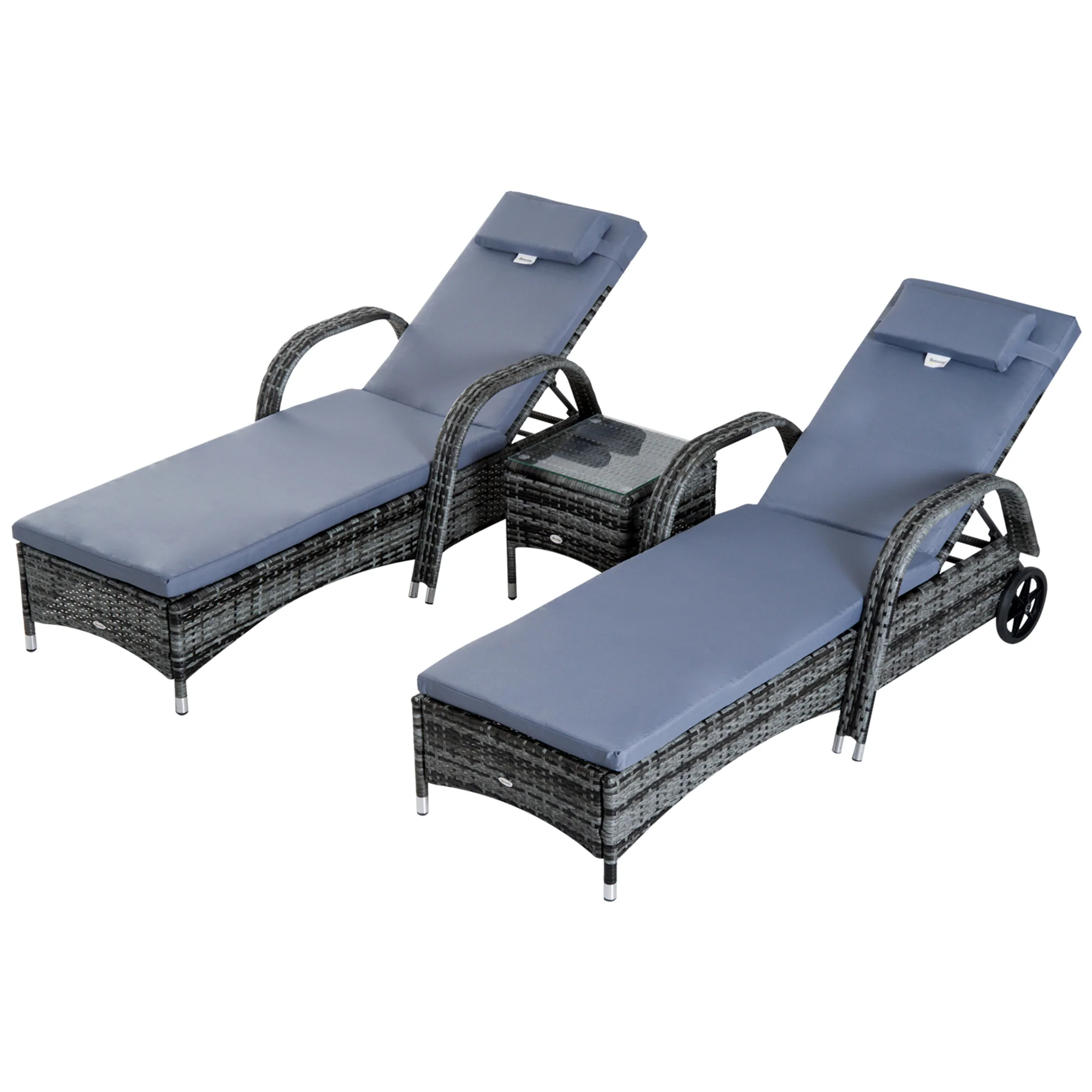 3 Pieces Patio Chaise Lounge Set, PE Wicker Reclining Set with Wheeled & Side Table, Grey - Image 2