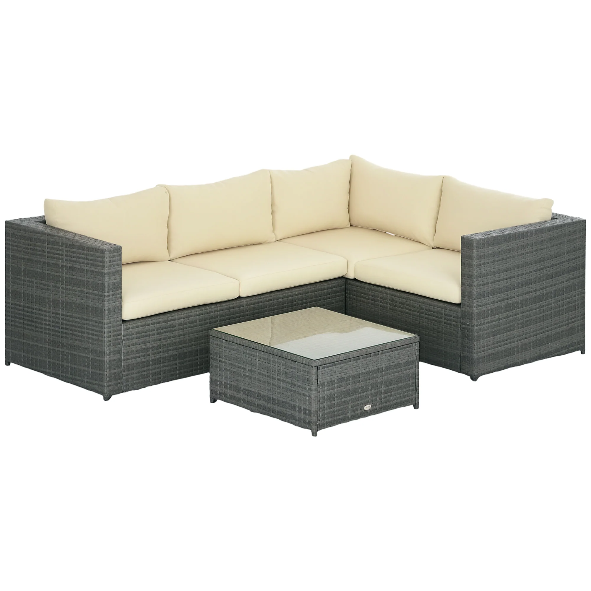 3 Pieces PE Rattan Garden Furniture Set with 10 cm Thick Cushions, 4 Seater Garden Corner Sofa Set with Glass Top Coffee Table, Outdoor Furniture for Patio, Porch, Beige