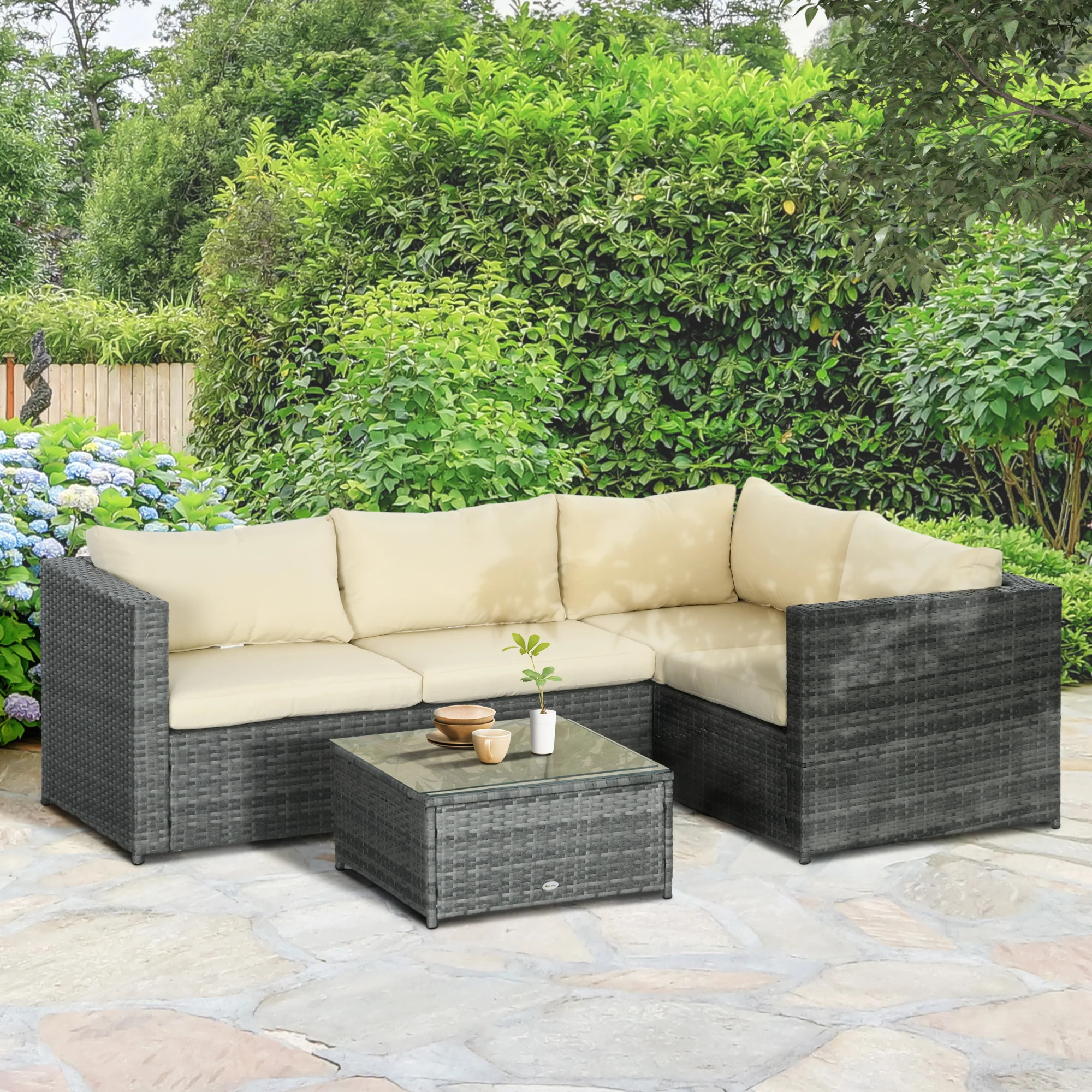 3 Pieces PE Rattan Garden Furniture Set with 10 cm Thick Cushions, 4 Seater Garden Corner Sofa Set with Glass Top Coffee Table, Outdoor Furniture for Patio, Porch, Beige - Image 3