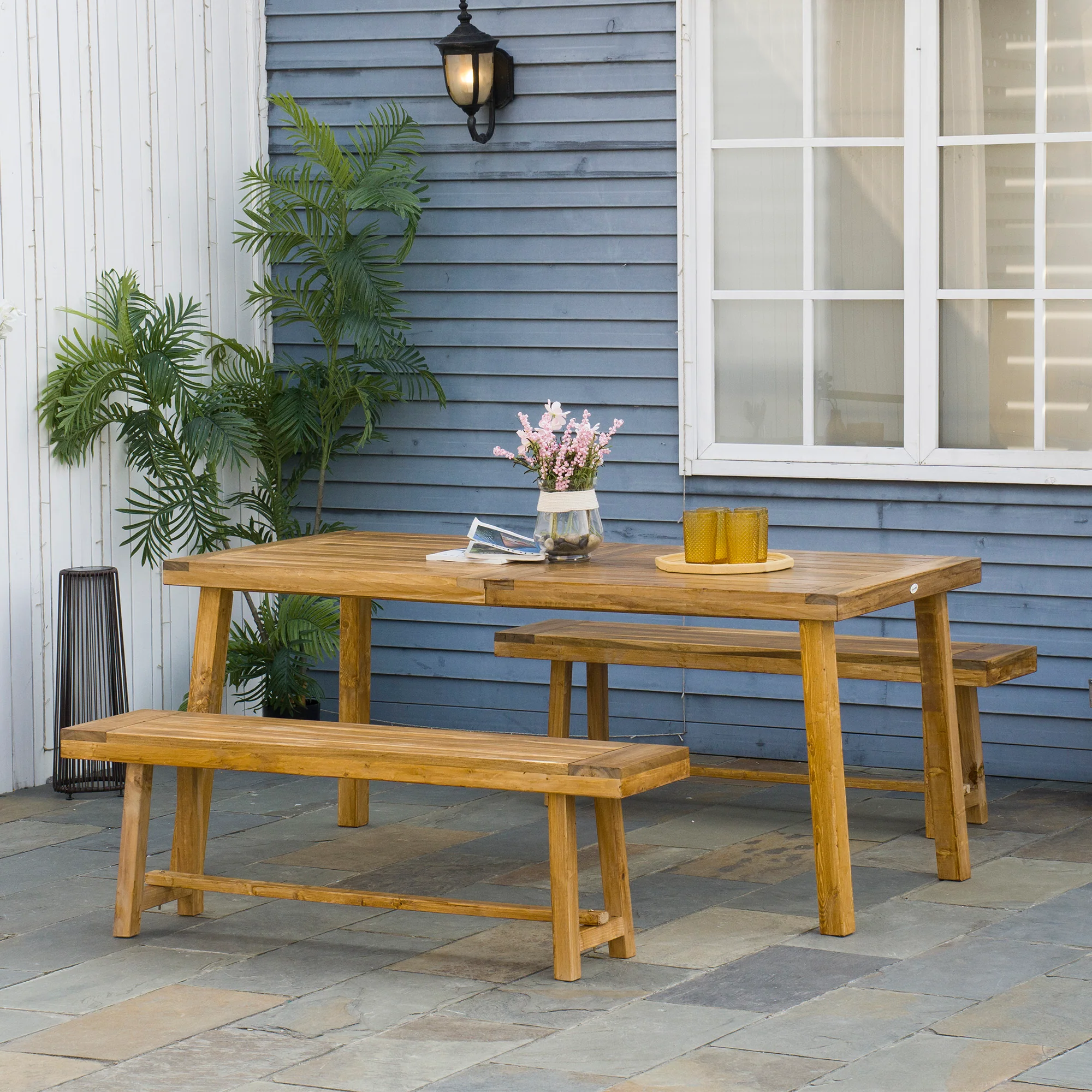 3 Pieces Picnic Bench Set with Table and 2 Benches, Acacia wood Dining Trestle Beer Table and Seat,  Natural Wood Finish - Image 3