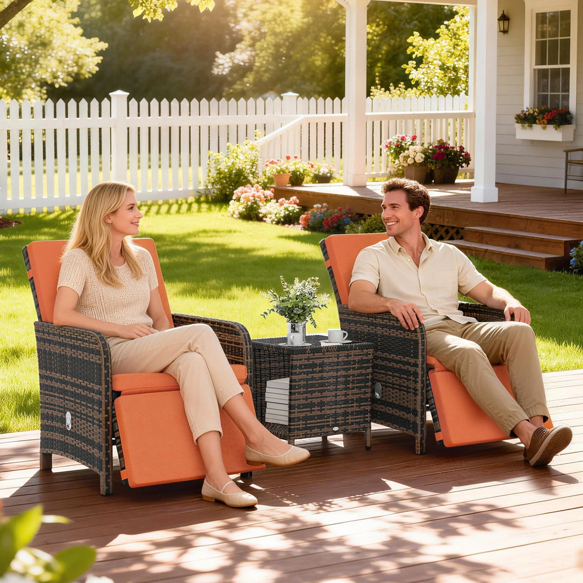 3 Pieces Rattan Bistro Set, Reclining Garden Chairs and 2-Tier Storage Glass-Top Table, PE Wicker Garden Furniture Conversation Set with Cushions for Outdoor, Patio, Balcony, Orange - Image 3