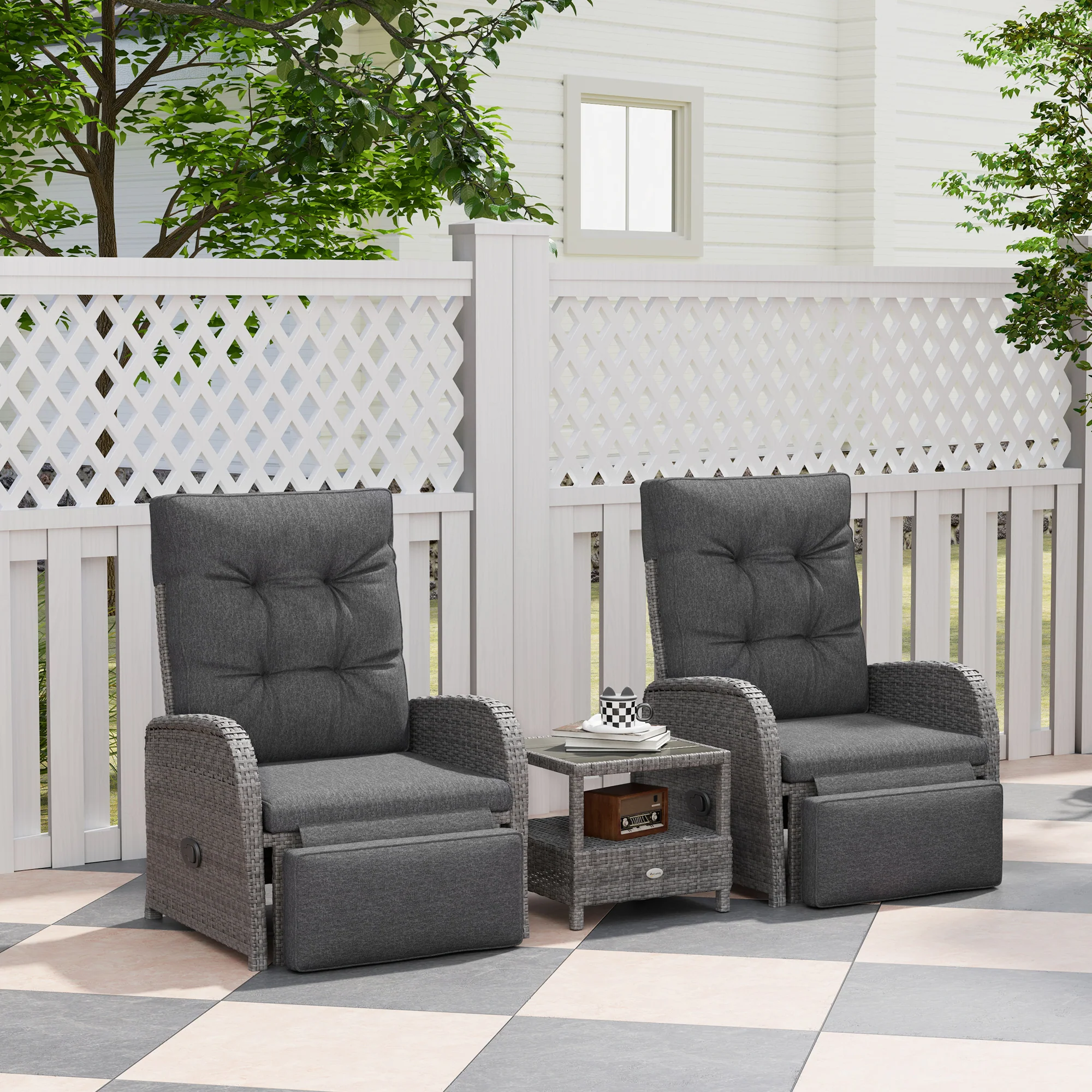 3 Pieces Rattan Bistro Set with Reclining Loungers, 2-Tier Coffee Table & Cushions, Grey - Image 3