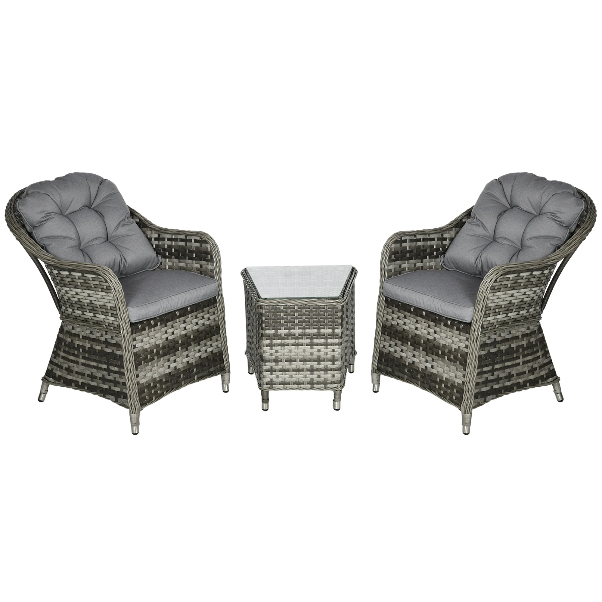 3 Pieces Rattan Bistro Set with Glass Top Table, Chairs & Cushions for Patio, Grey - Image 12