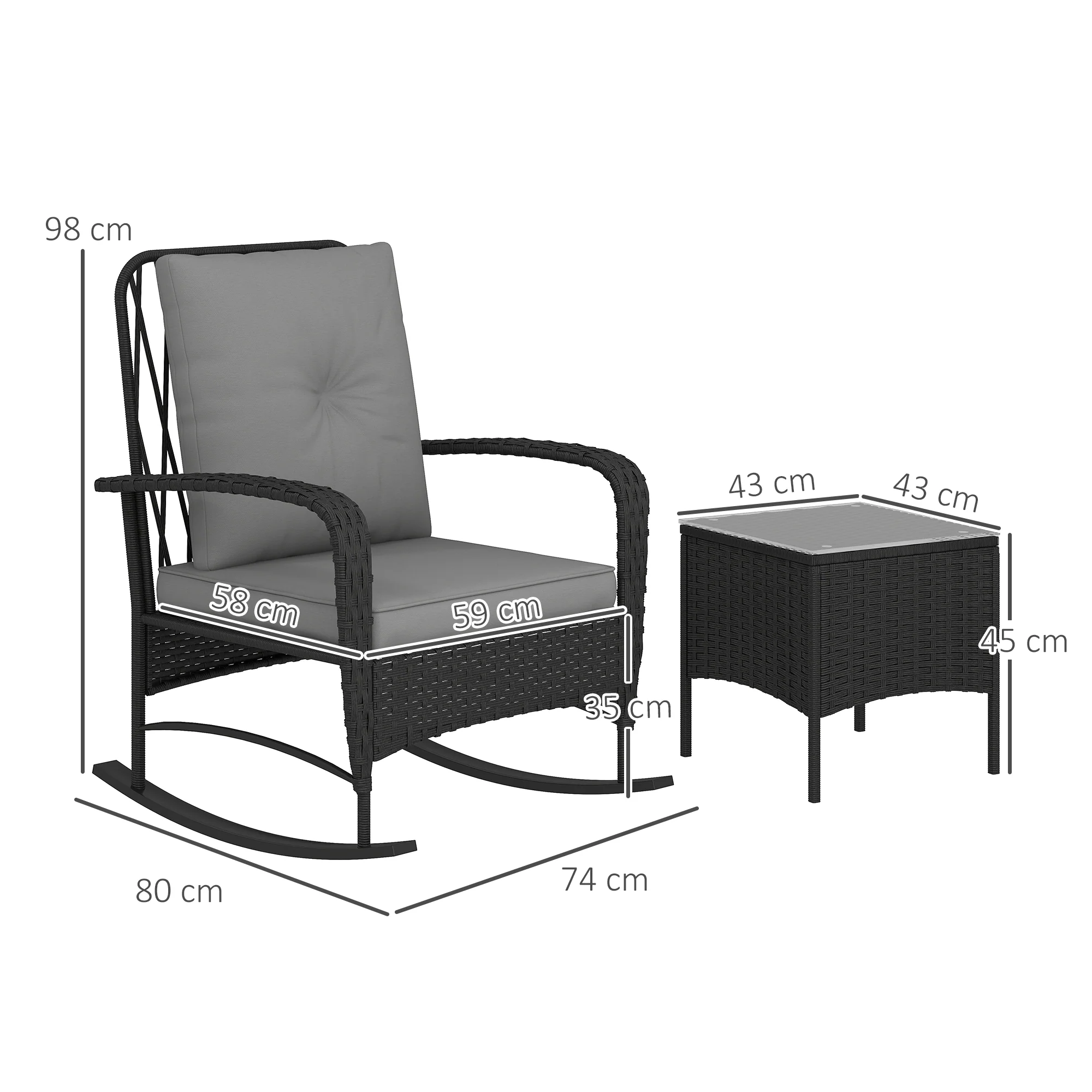 3 Pieces Rattan Bistro Set with Rocking Chairs, Glass Top Coffee Table & Cushions, Black - Image 5