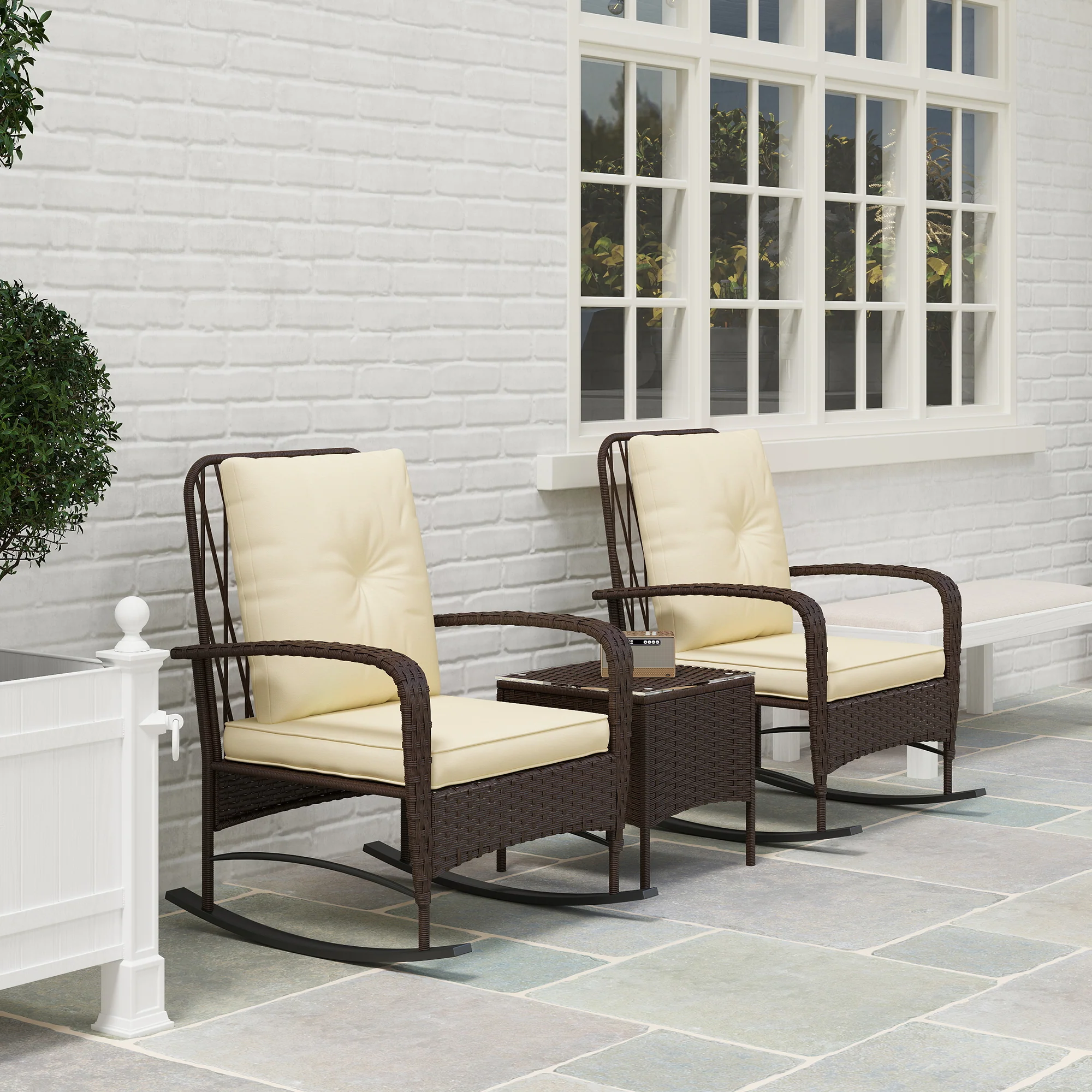3 Pieces Rattan Bistro Set with Rocking Chairs, Glass Top Coffee Table & Cushions, Brown - Image 10