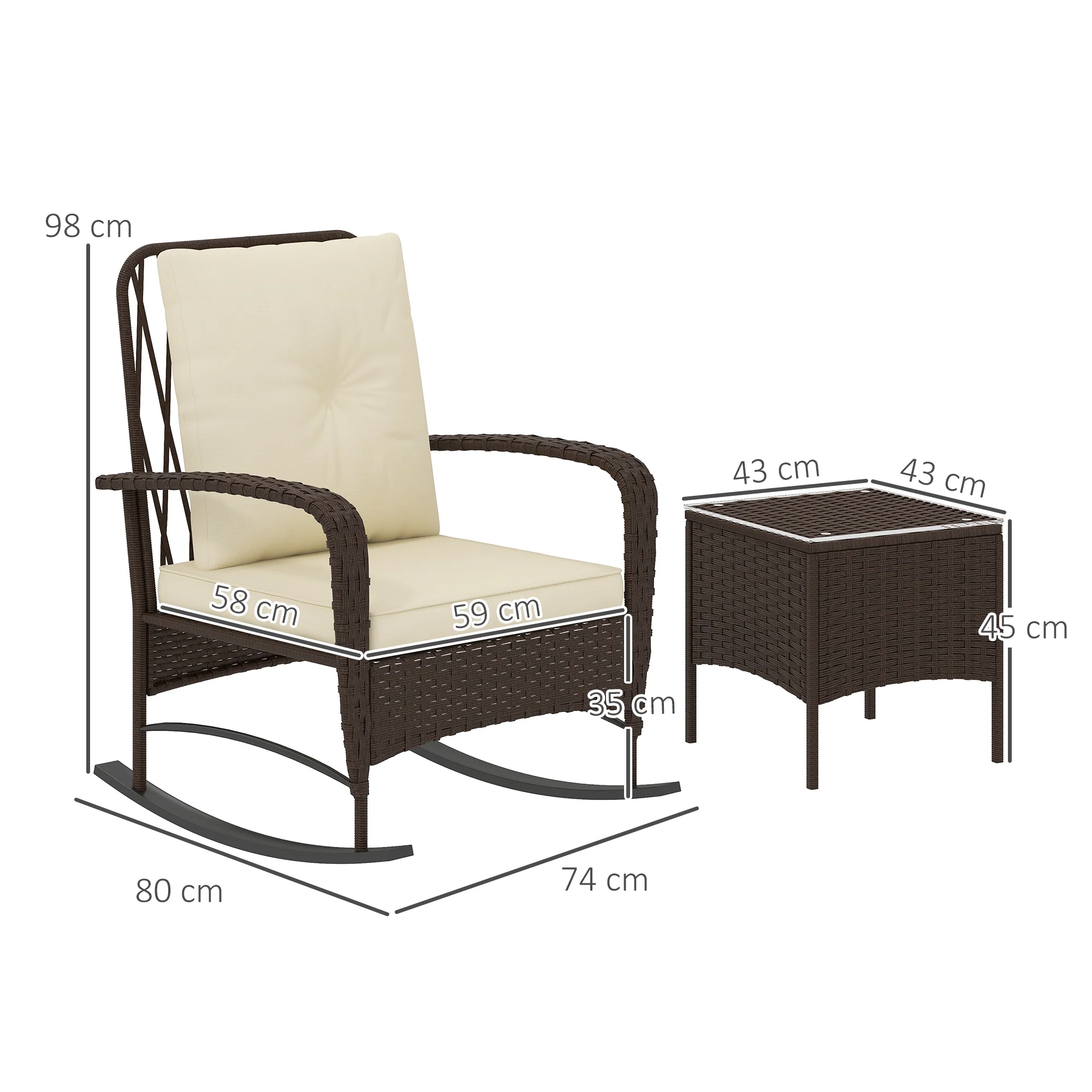 3 Pieces Rattan Bistro Set with Rocking Chairs, Glass Top Coffee Table & Cushions, Brown - Image 5