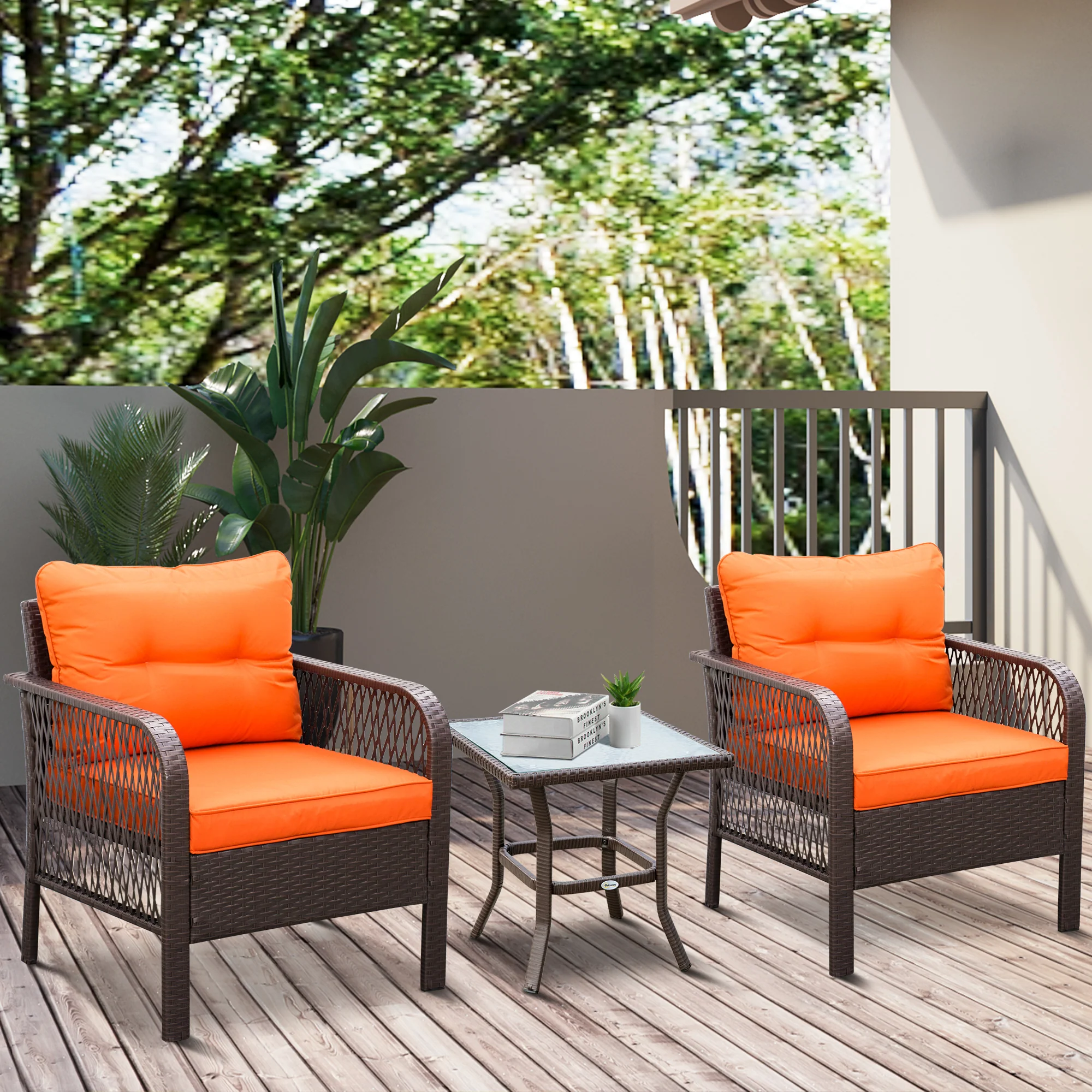 3 Pieces Rattan Bistro Set with Glass Top Table, Chairs & Thickened Cushions, Orange - Image 4