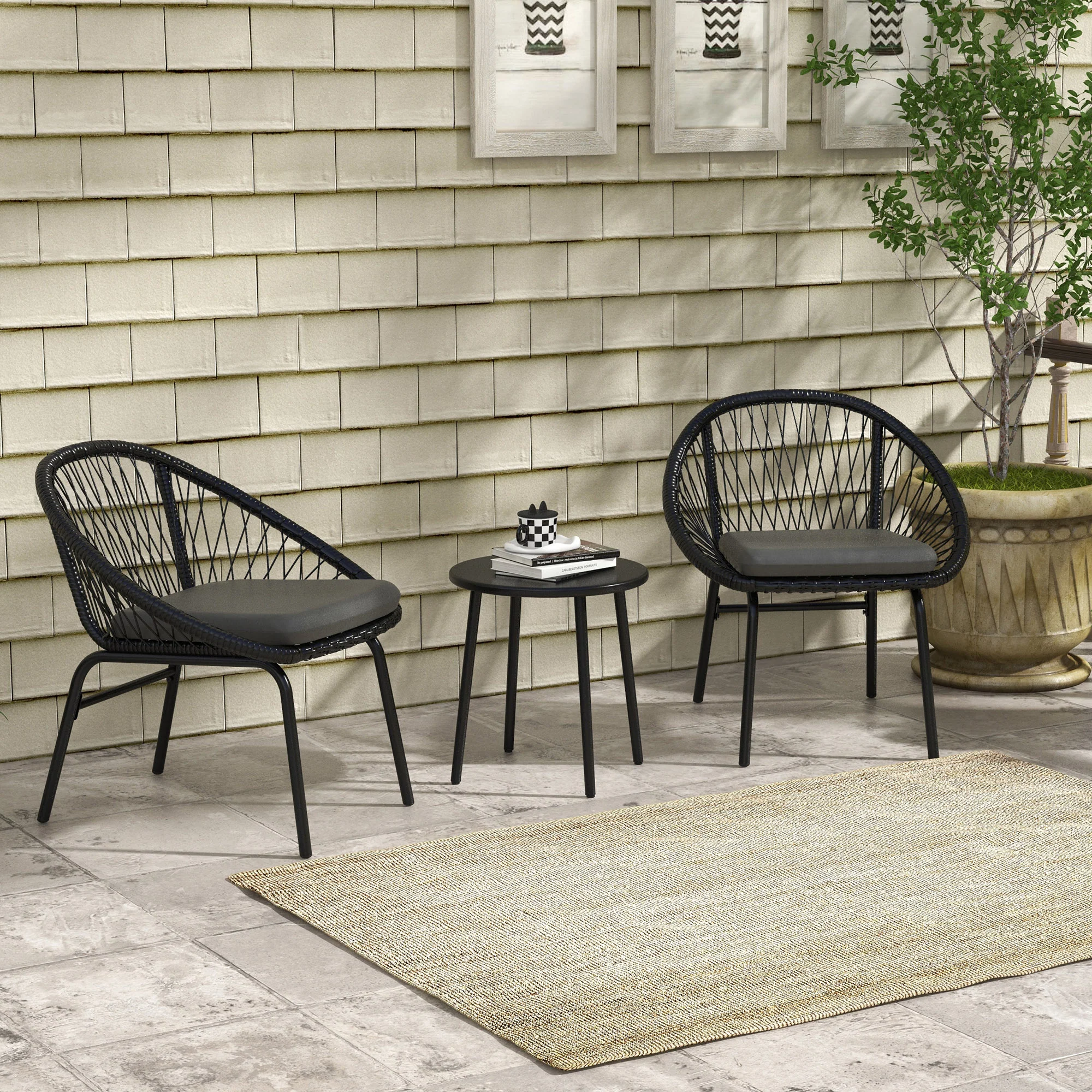 3 Pieces Garden Rattan Bistro Set with Chairs, Round Coffee Table & Cushions, Black - Image 3