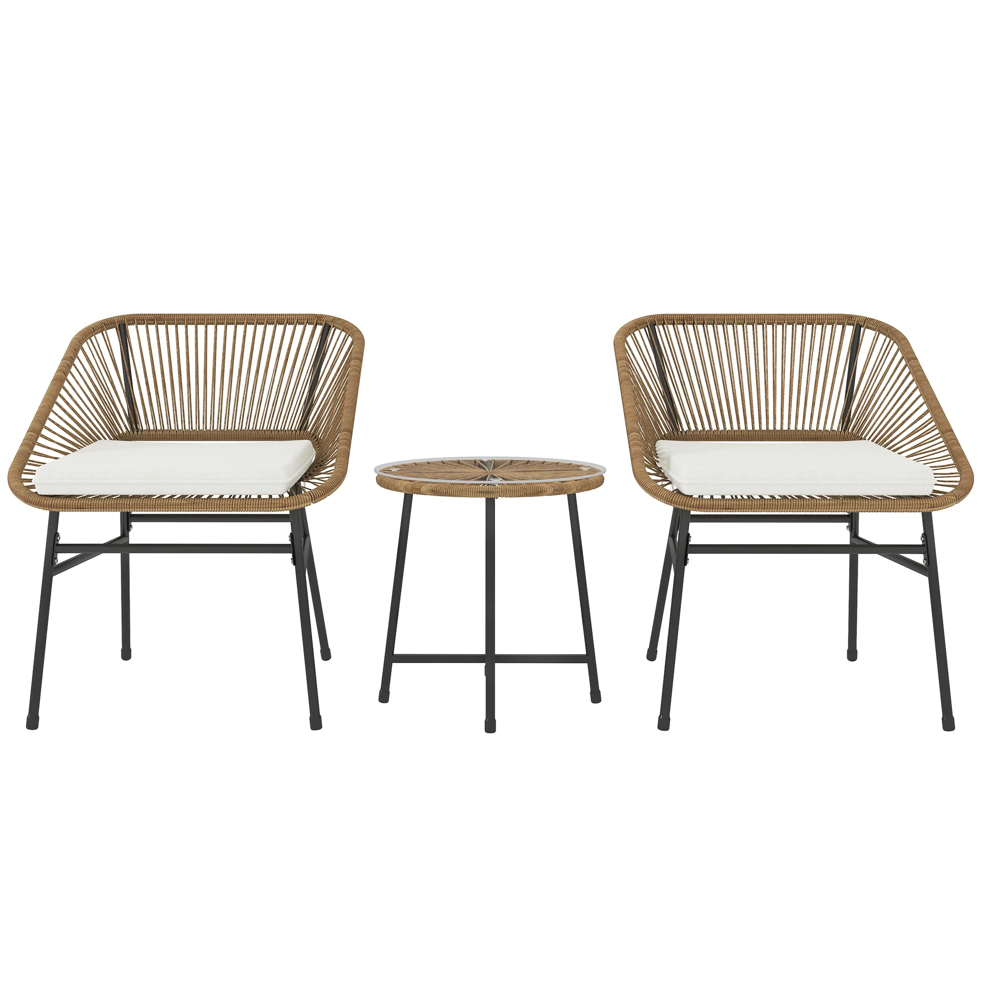 3 Pieces Garden Rattan Bistro Set with Chairs, Glass Top Table & Cushions, Natural - Image 12