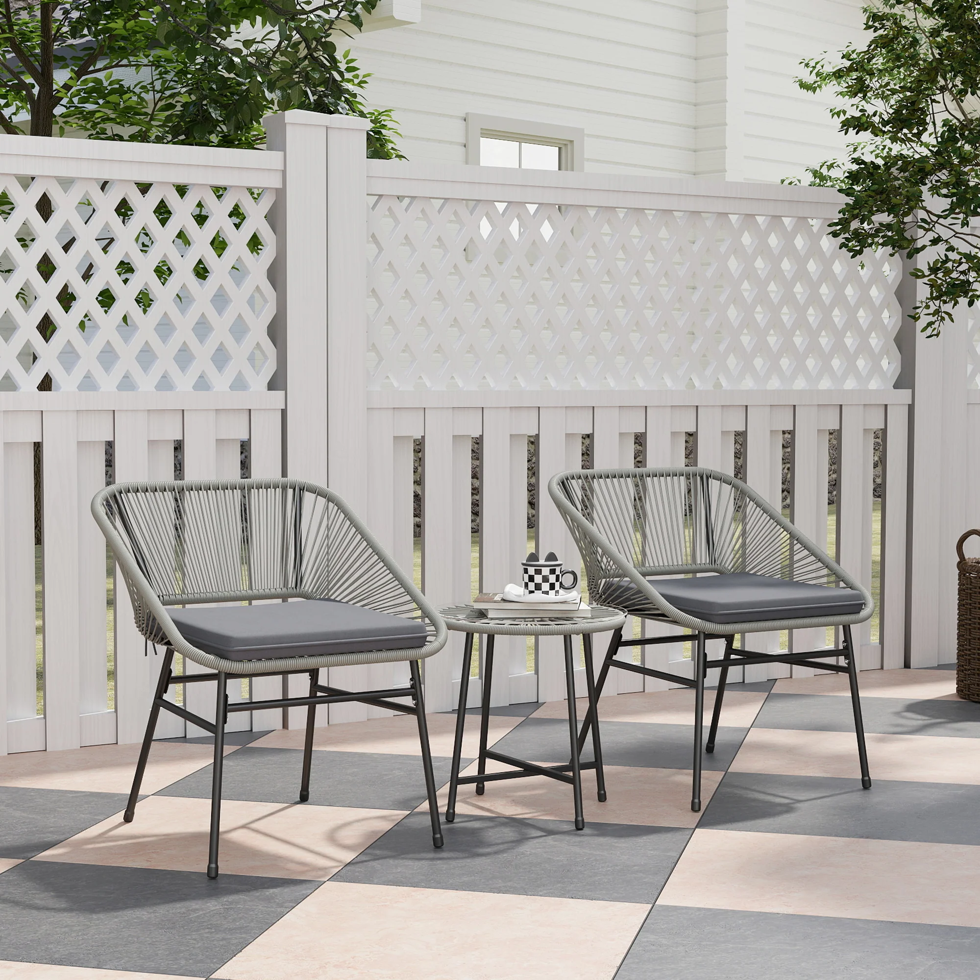 3 Pieces Garden Rattan Bistro Set with Chairs, Glass Top Table & Cushions, Light Grey - Image 3