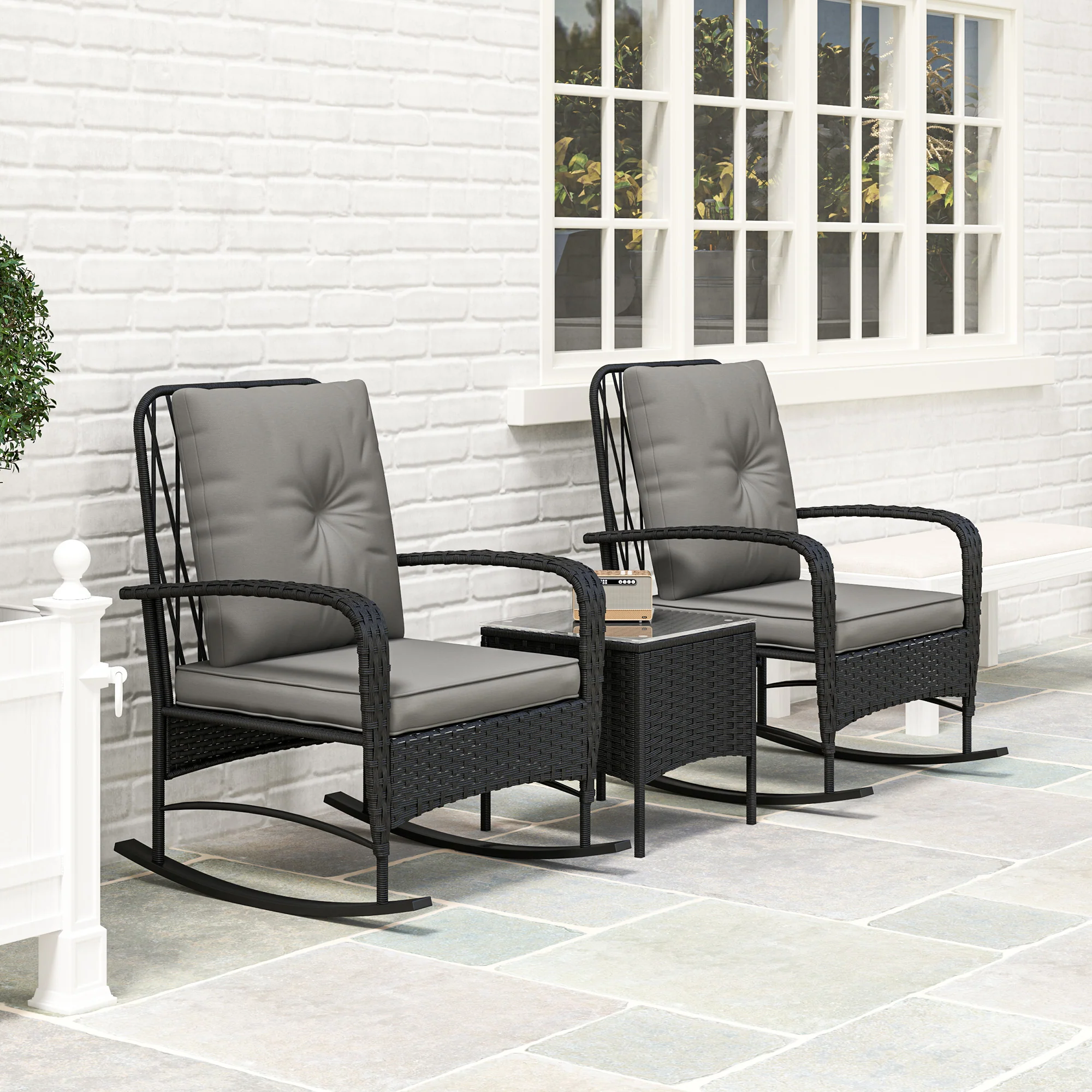 3 Pieces Wicker Rattan Bistro Set, Cushioned Rocking Chairs with Side Table, Grey - Image 11
