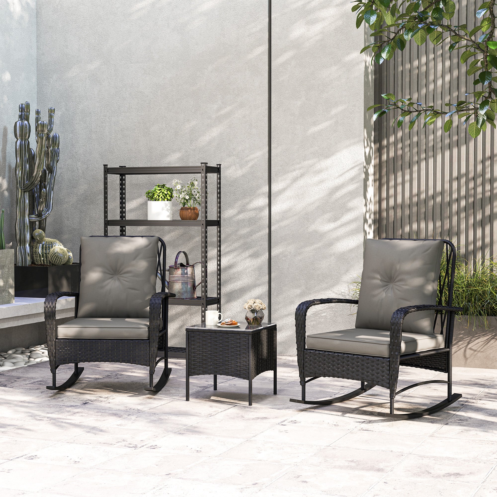 3 Pieces Wicker Rattan Bistro Set, Cushioned Rocking Chairs with Side Table, Grey - Image 4