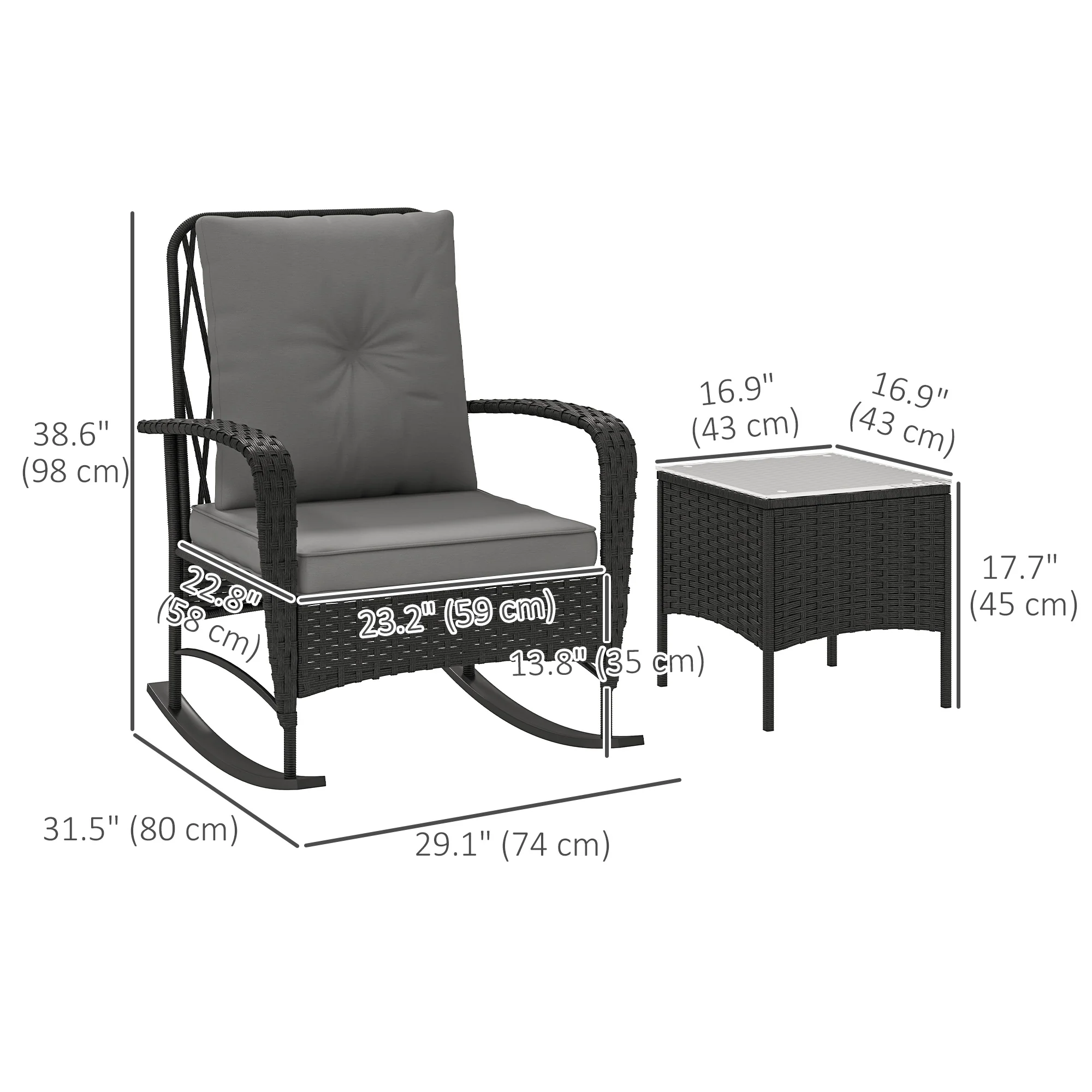 3 Pieces Wicker Rattan Bistro Set, Cushioned Rocking Chairs with Side Table, Grey - Image 5