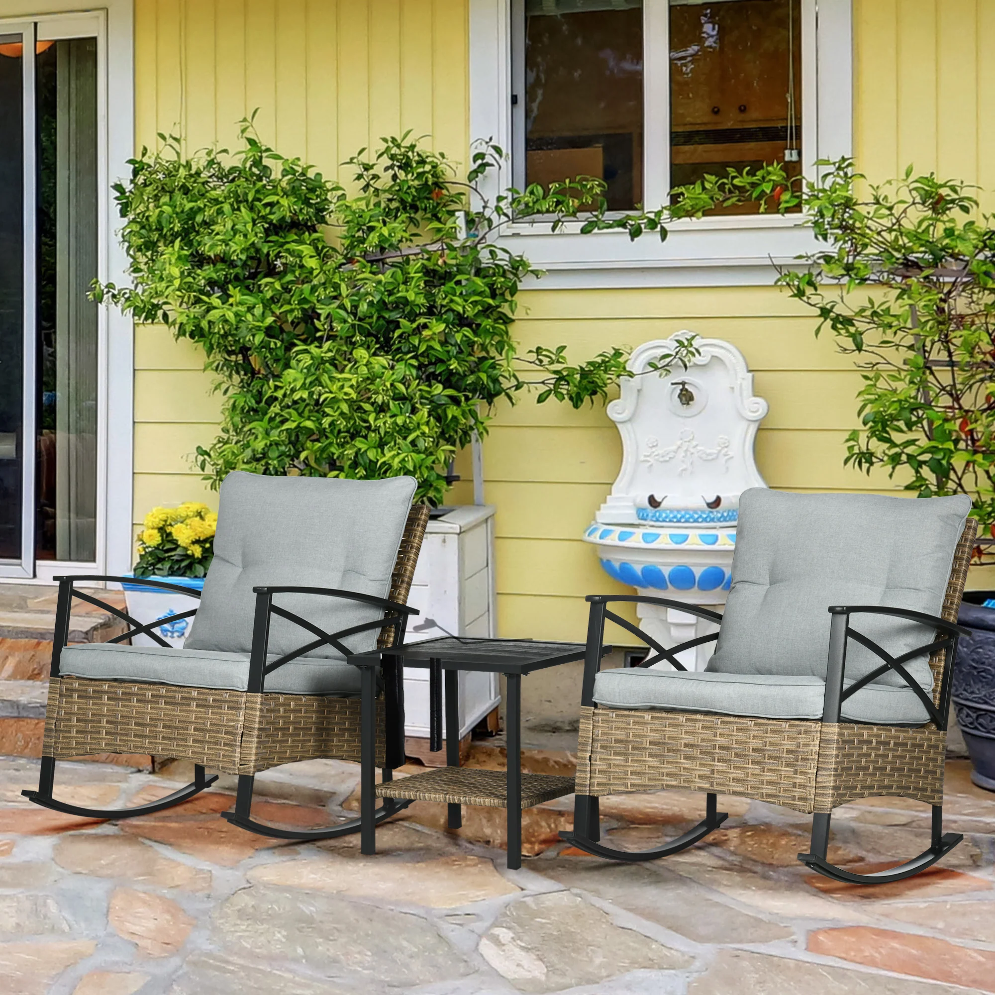 3 Pcs Outdoor PE Rattan Rocking Chair Set with Two-tier Table & Padded Cushions, Grey - Image 4