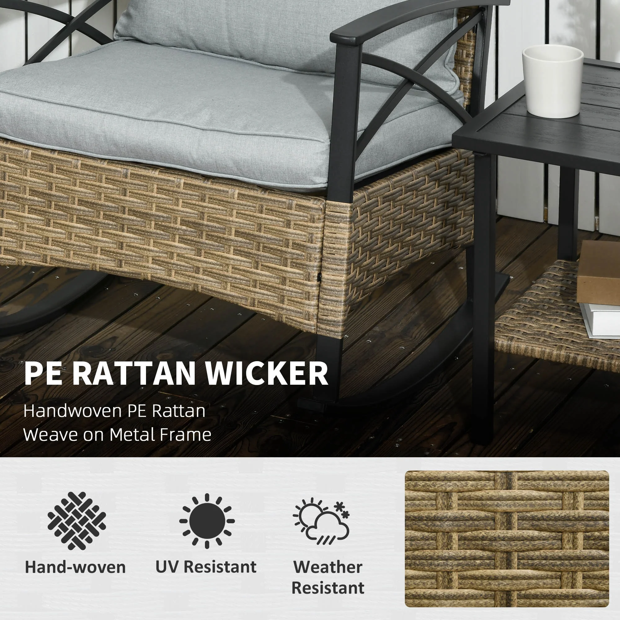 3 Pcs Outdoor PE Rattan Rocking Chair Set with Two-tier Table & Padded Cushions, Grey - Image 6