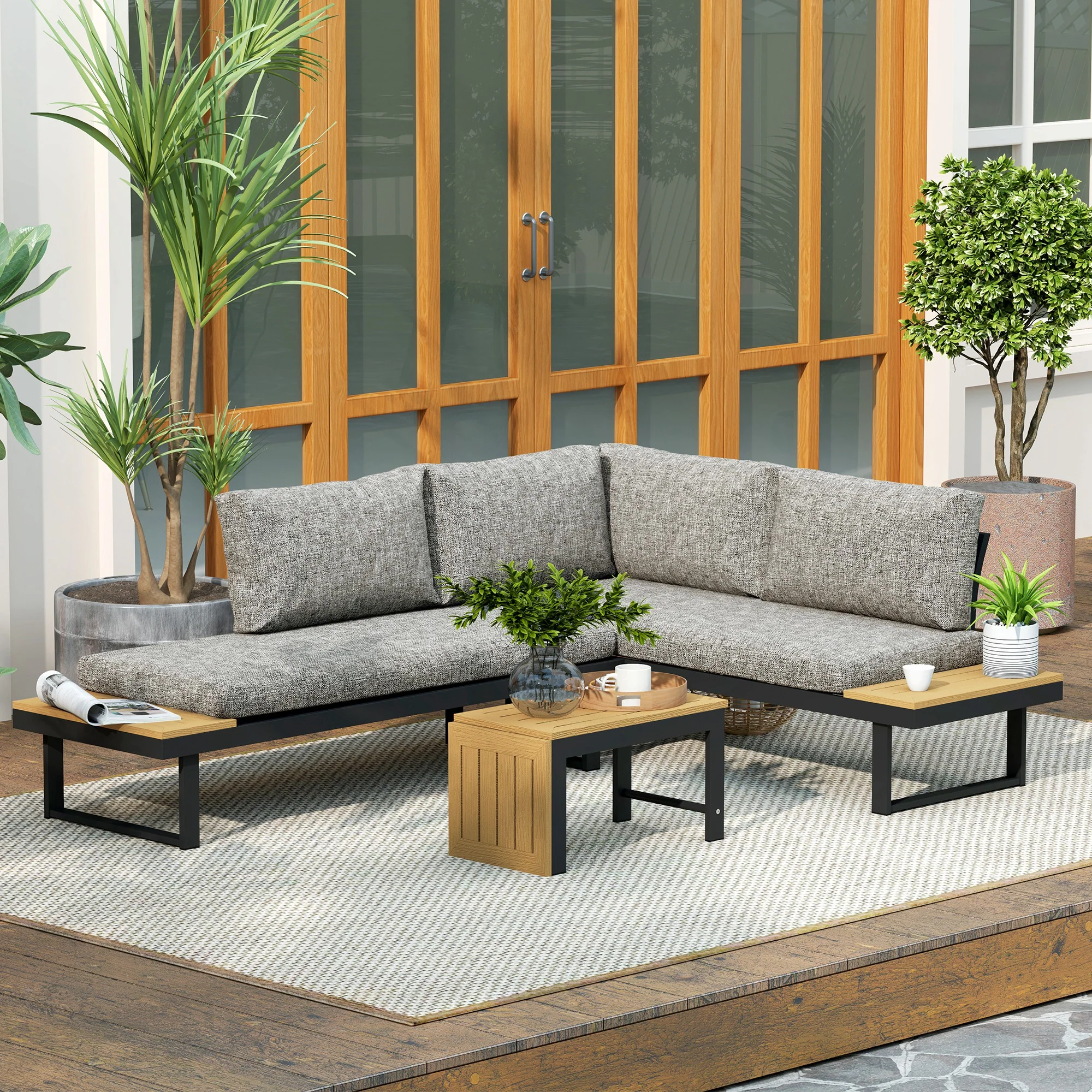 3 Pieces Aluminum Corner Patio Furniture Set Sectional Outdoor Sofa Set with 2 Loveseats Wood-Plastic Coffee Table - Image 11