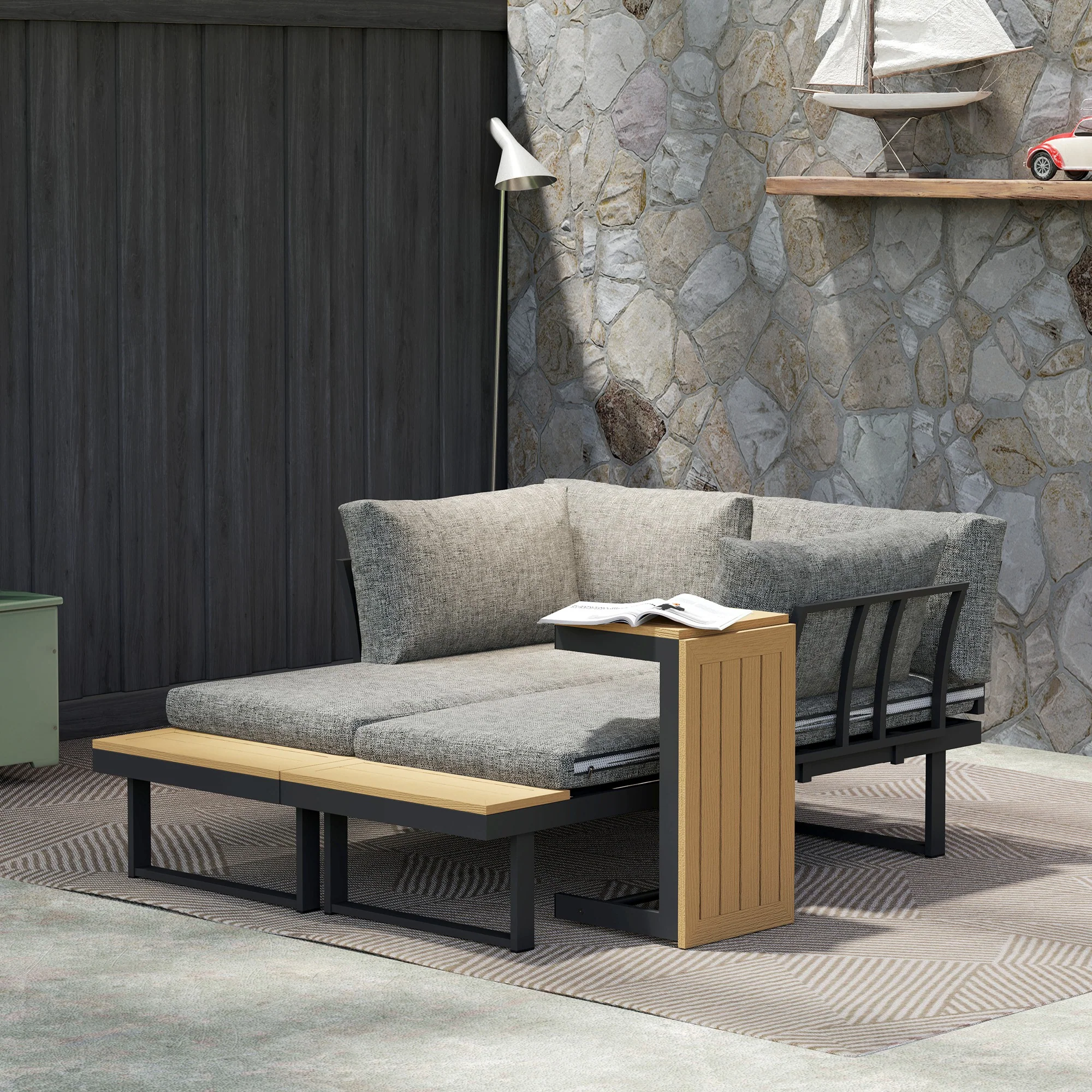 3 Pieces Aluminum Corner Patio Furniture Set Sectional Outdoor Sofa Set with 2 Loveseats Wood-Plastic Coffee Table - Image 4