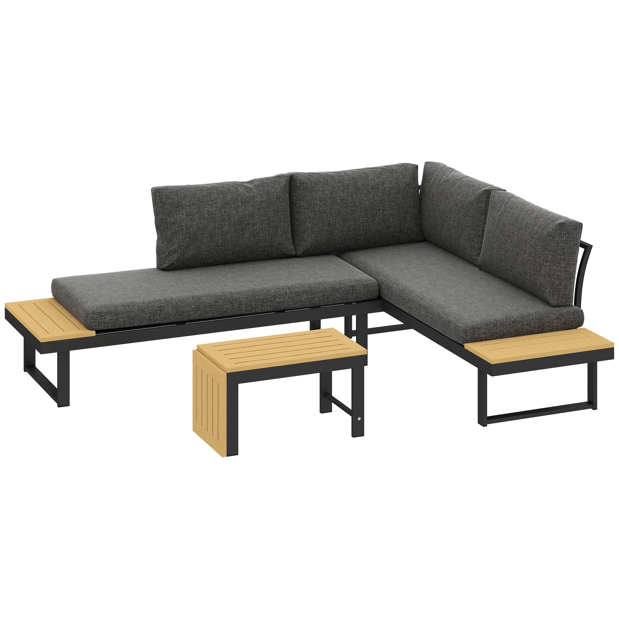 3PC Aluminum Corner Patio Furniture Set w/ 2 Loveseats & Wood-Plastic Coffee Table, Grey - Image 12