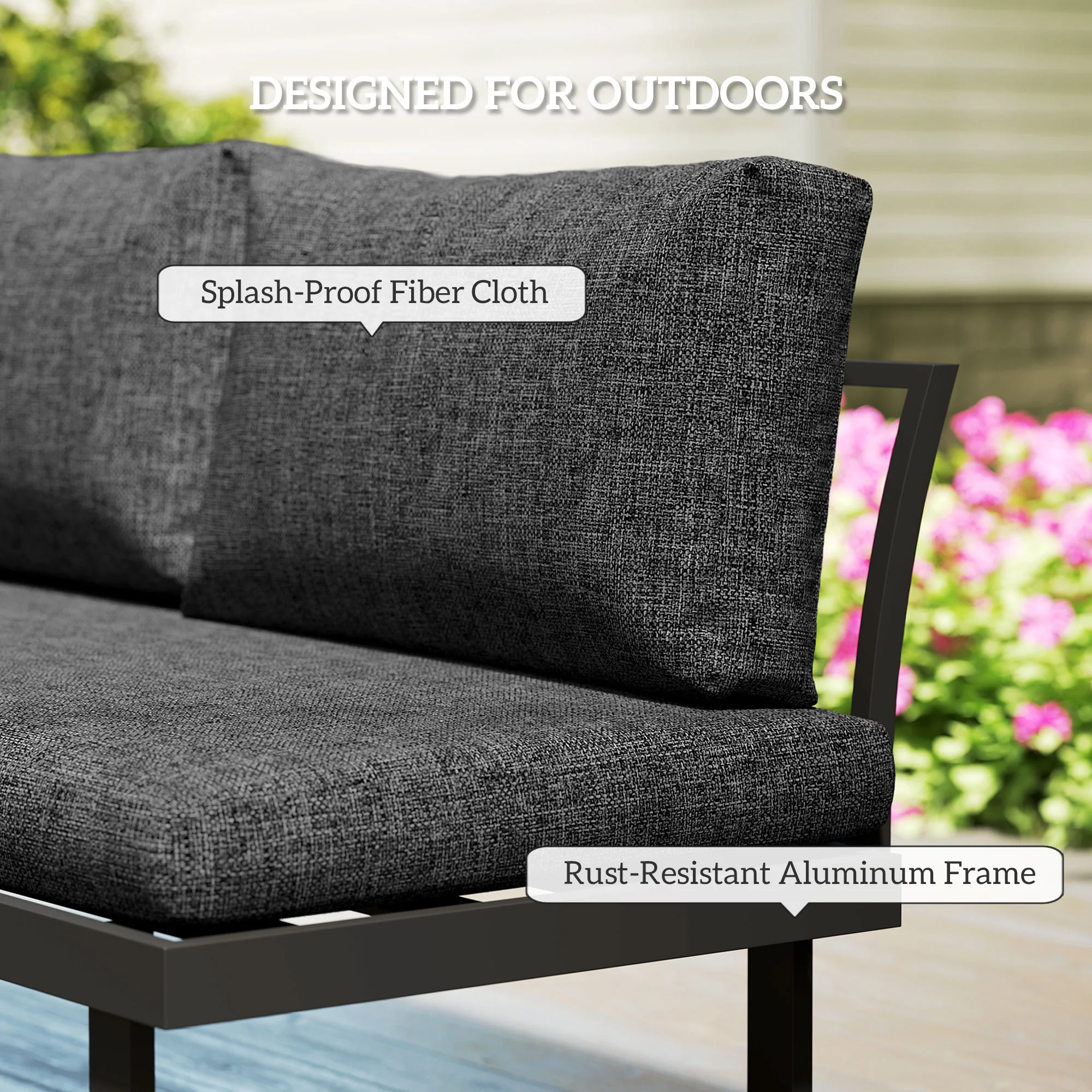 3PC Aluminum Corner Patio Furniture Set w/ 2 Loveseats & Wood-Plastic Coffee Table, Grey - Image 8