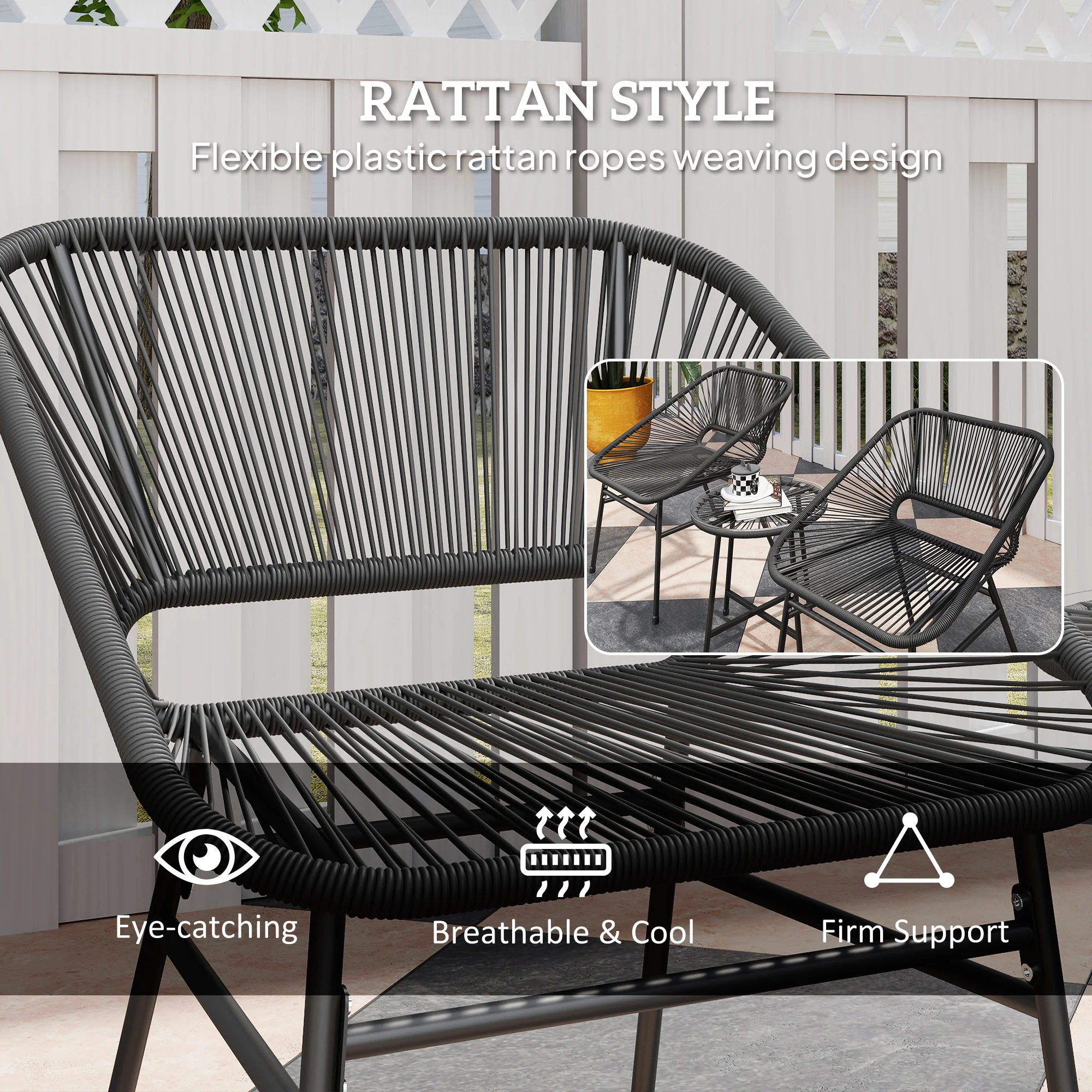 3 Piece Bistro Set, Wicker Outdoor Patio Furniture Set with Glass Top Table, Black - Image 7