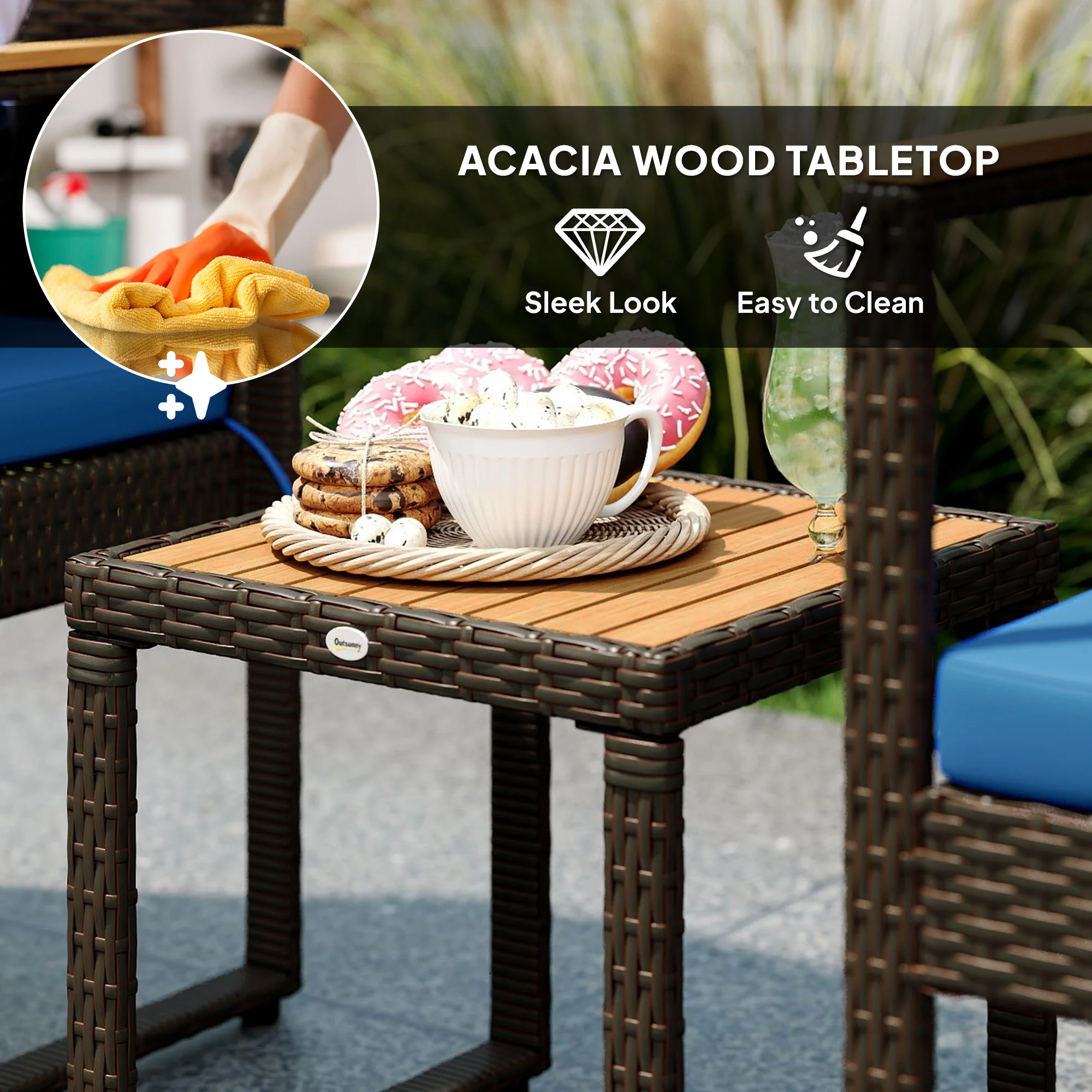3 Pieces Wicker Rattan Bistro Set w/ Acacia Wood Table & Removable Cushions, Dark Blue - Image 8