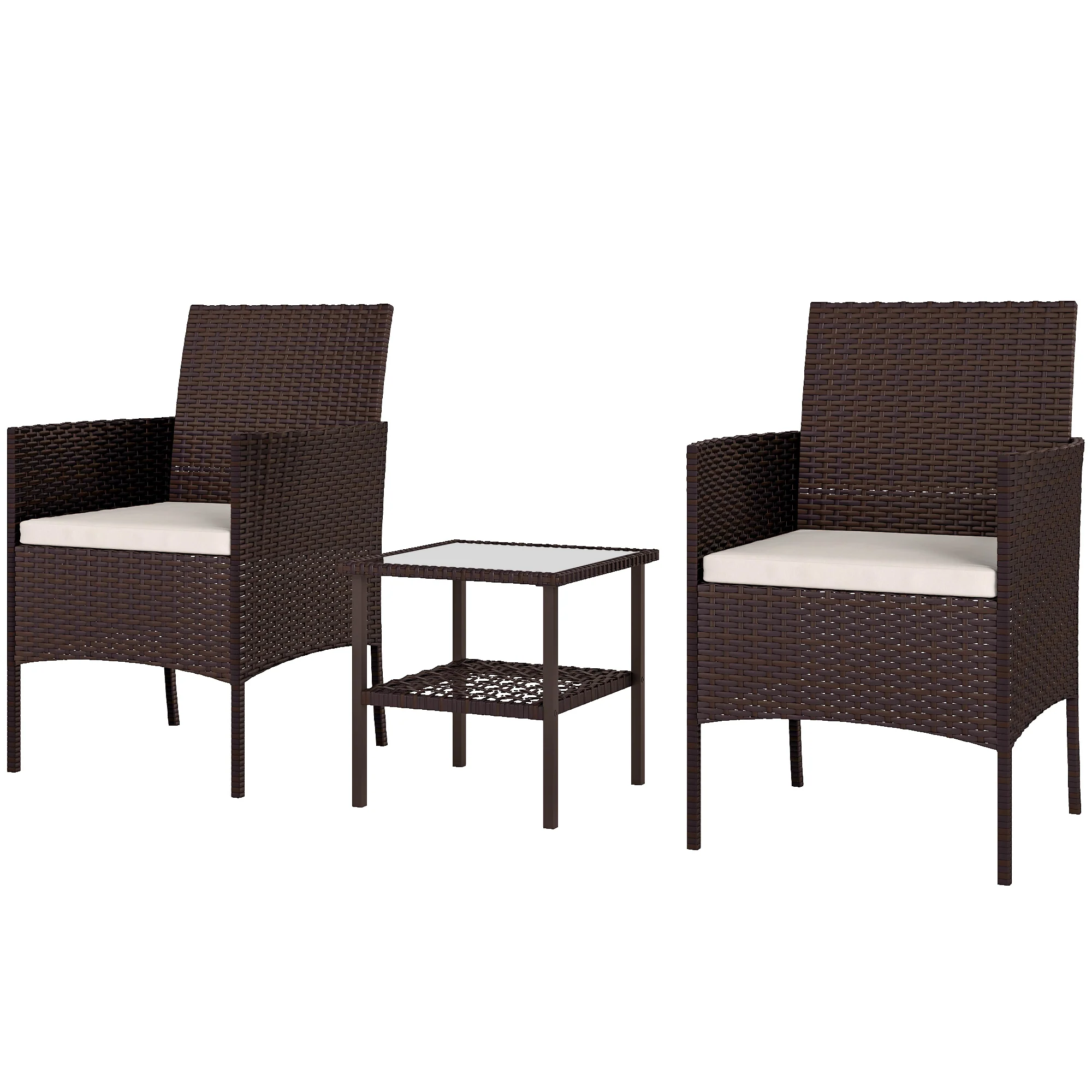 3 Piece Wicker Bistro Set with 2-Tier Glass Top Table, Cushions for Balcony, Porch, Beige - Image 2