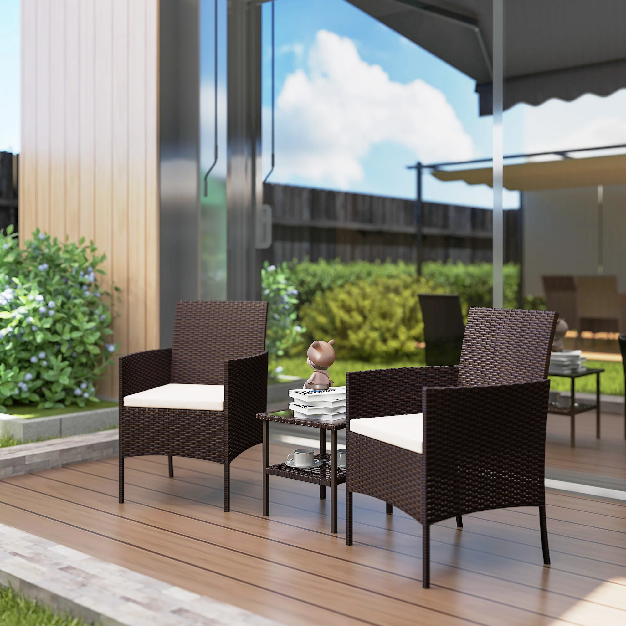 3 Piece Wicker Bistro Set with 2-Tier Glass Top Table, Cushions for Balcony, Porch, Beige - Image 3