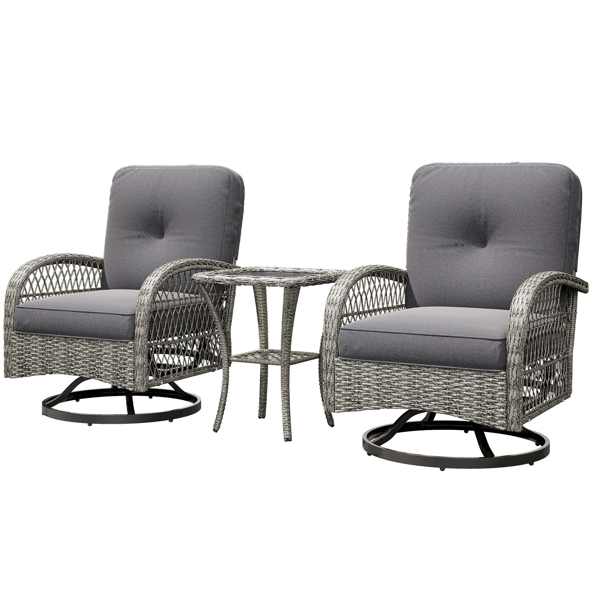 Wicker Balcony Furniture with 2 Swivel Rocking Chairs and 2-Tier Glass Coffee Table, Grey - Image 2