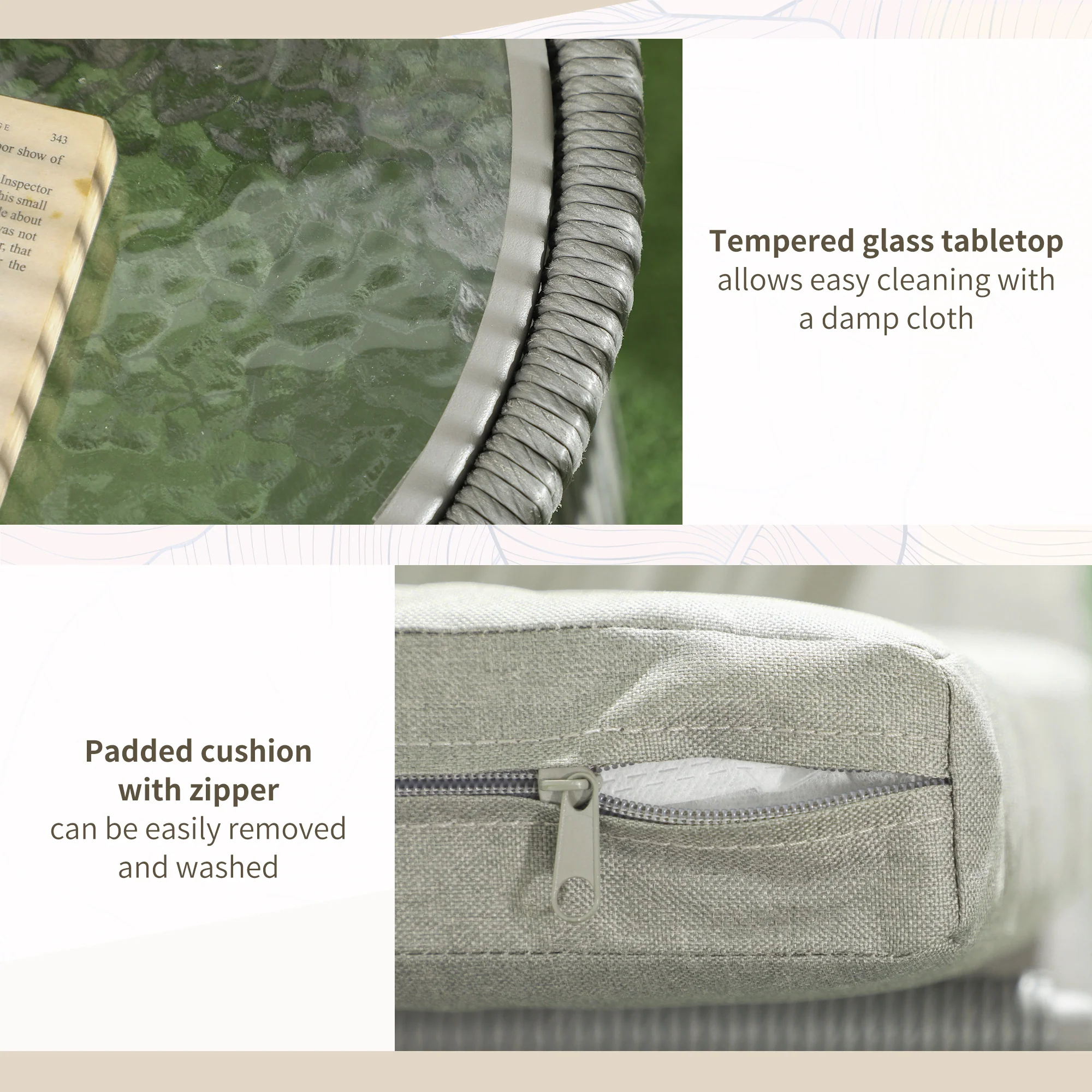 3 Piece Outdoor Patio Bistro Set, Wicker Rattan Furniture with Metal Legs, Light Grey - Image 7