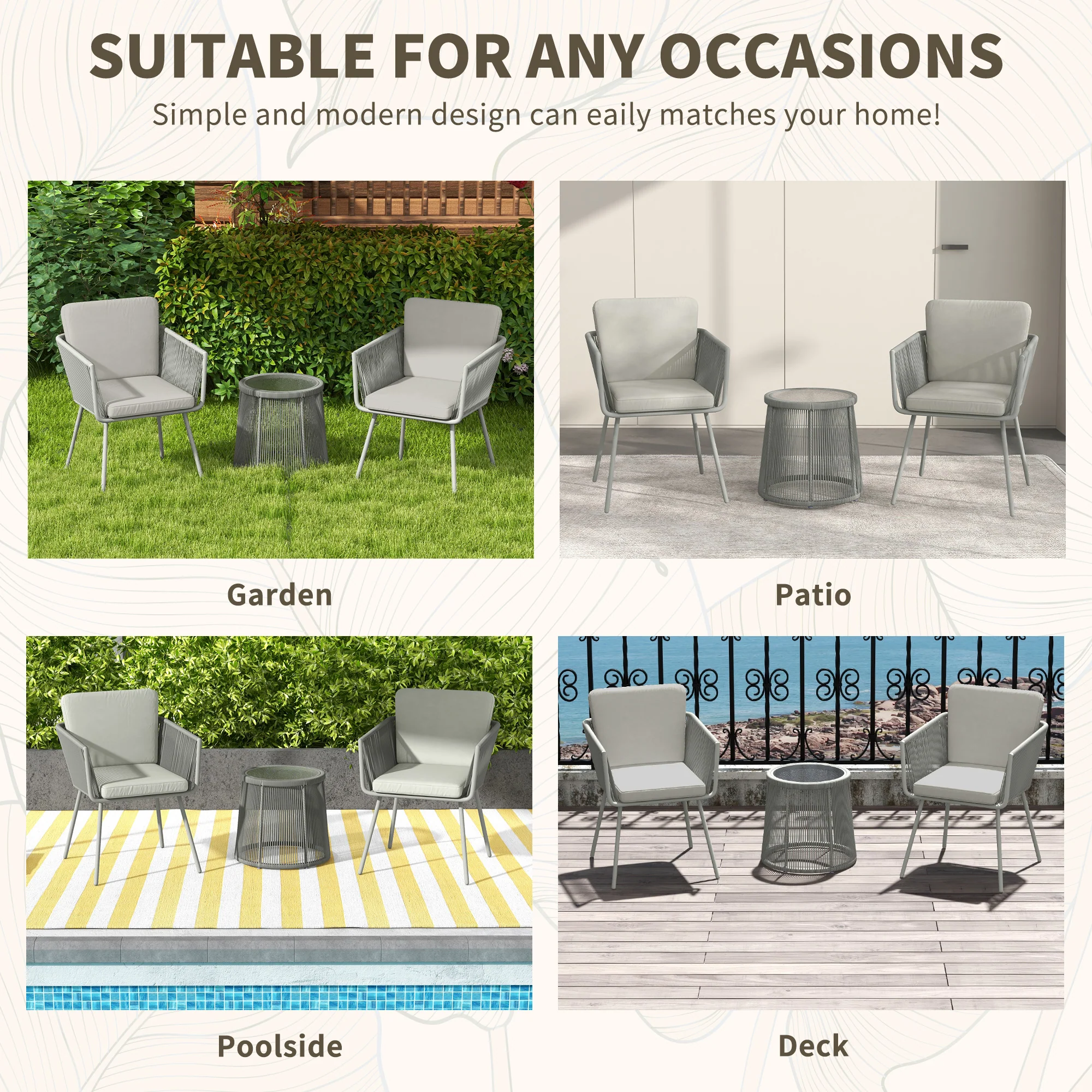 3 Piece Outdoor Patio Bistro Set, Wicker Rattan Furniture with Metal Legs, Light Grey - Image 9