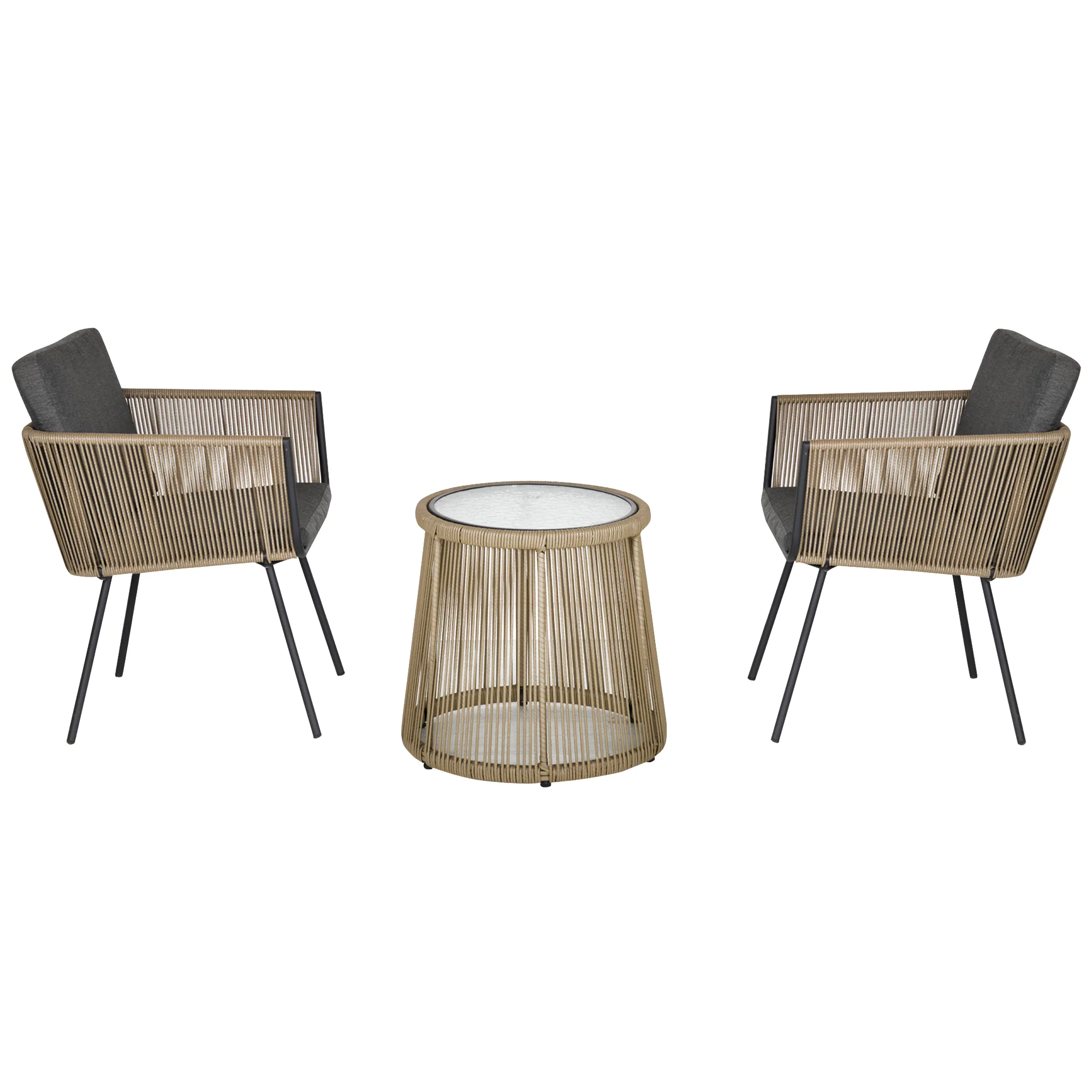 3 Piece Outdoor Patio Bistro Set, Wicker Rattan Furniture with Metal Legs, Grey - Image 2