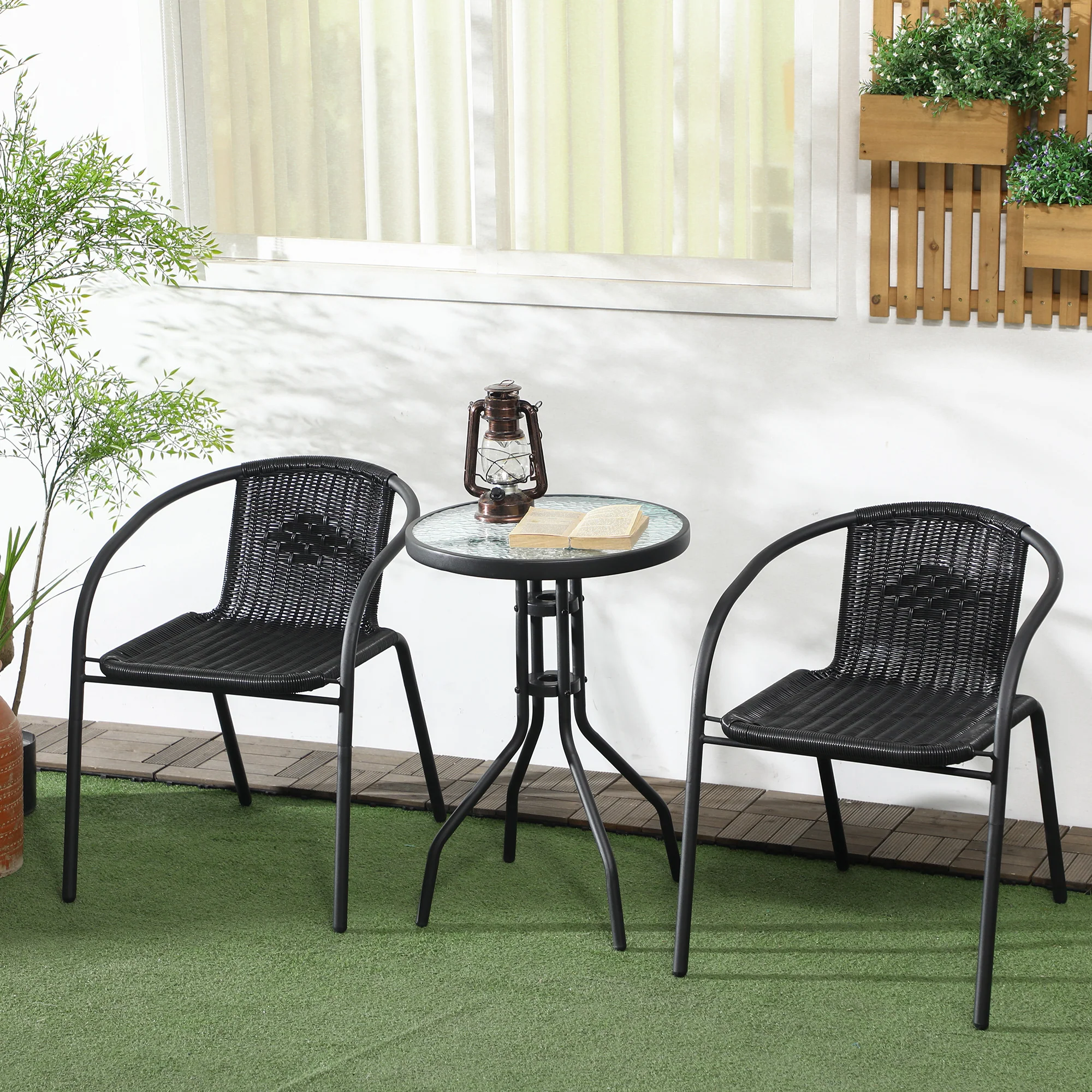 3 Piece Wicker Furniture Set with 2 Stackable Chairs & Tempered Glass Table, Black - Image 4