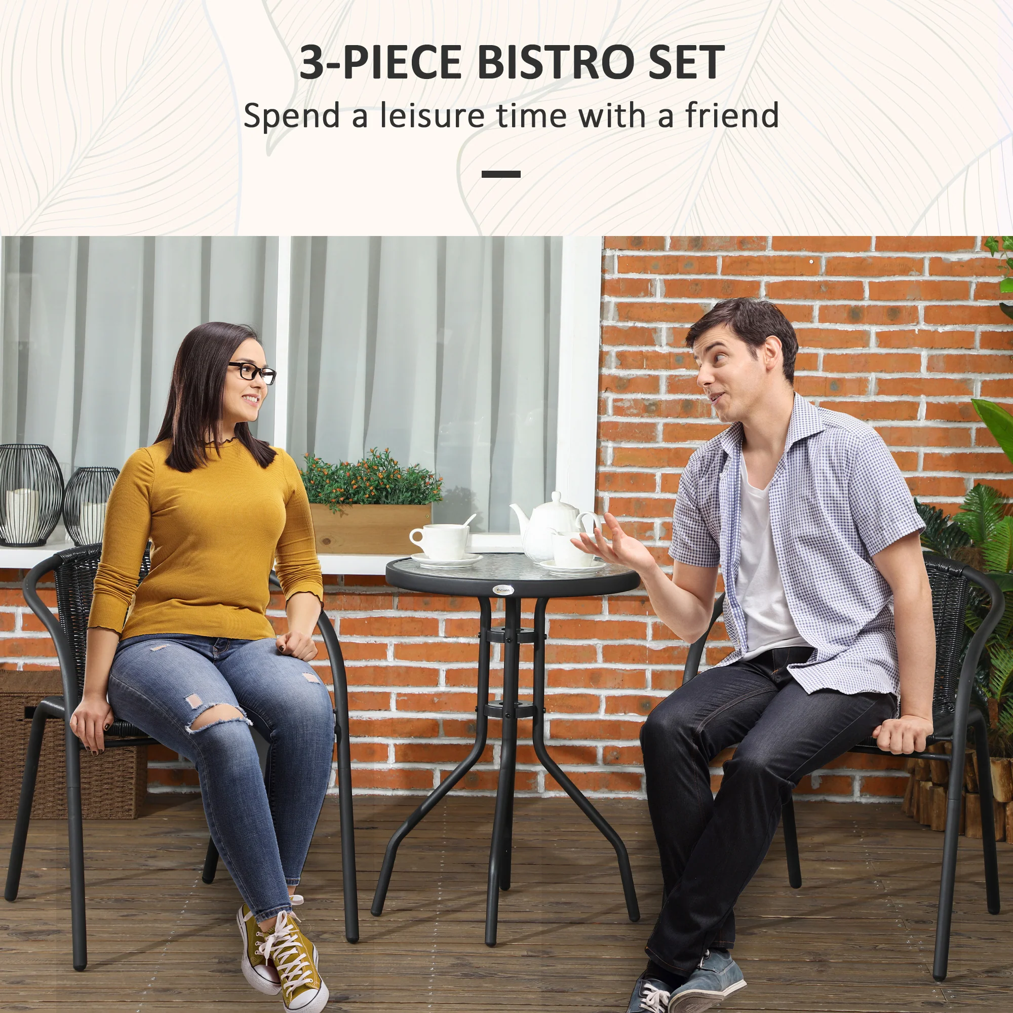 3 Piece Wicker Furniture Set with 2 Stackable Chairs & Tempered Glass Table, Black - Image 6