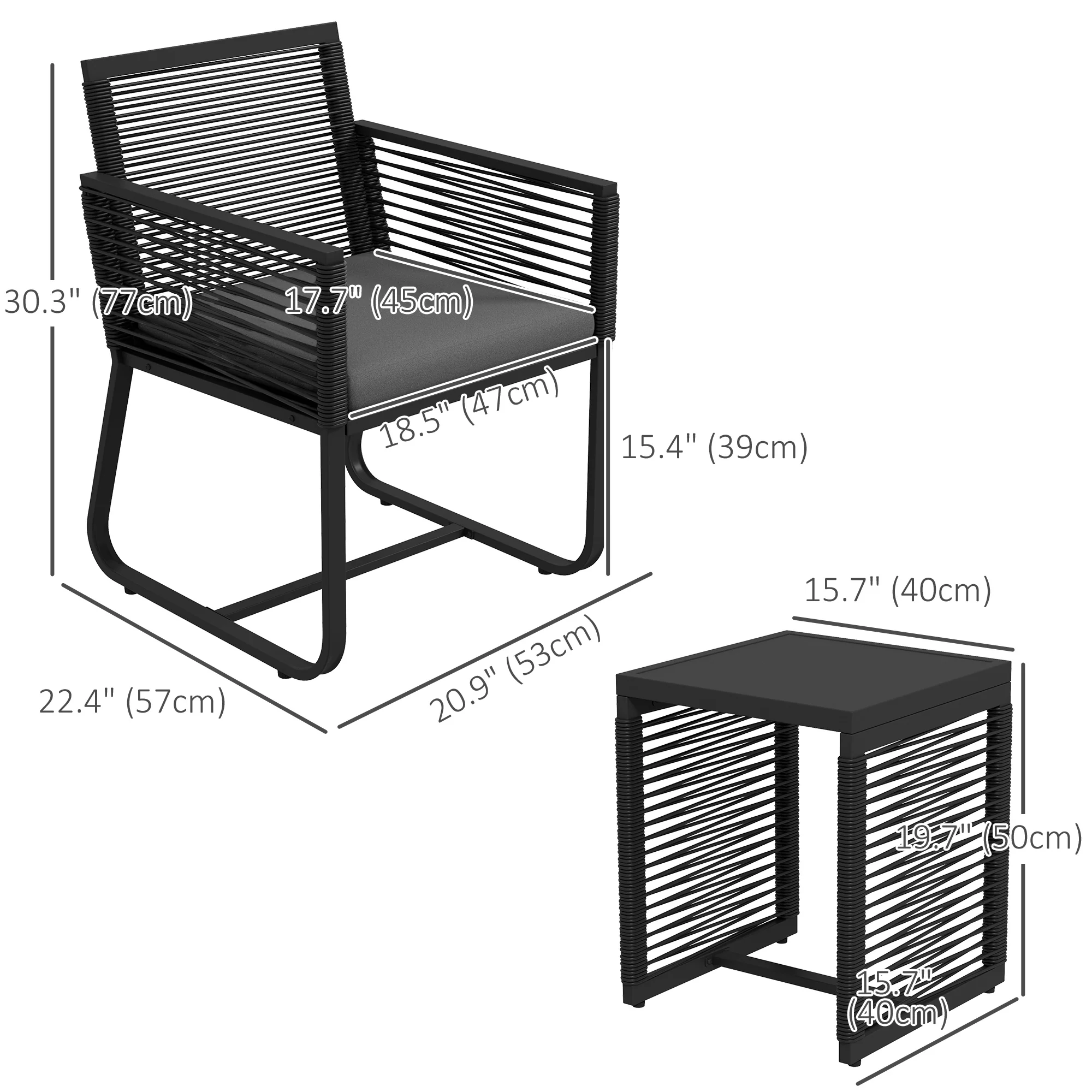 3 Pieces Patio Furniture Outdoor PE Rattan Bistro Set w/ Seat Cushions Tempered Glass Table for Garden Backyard, Black - Image 5