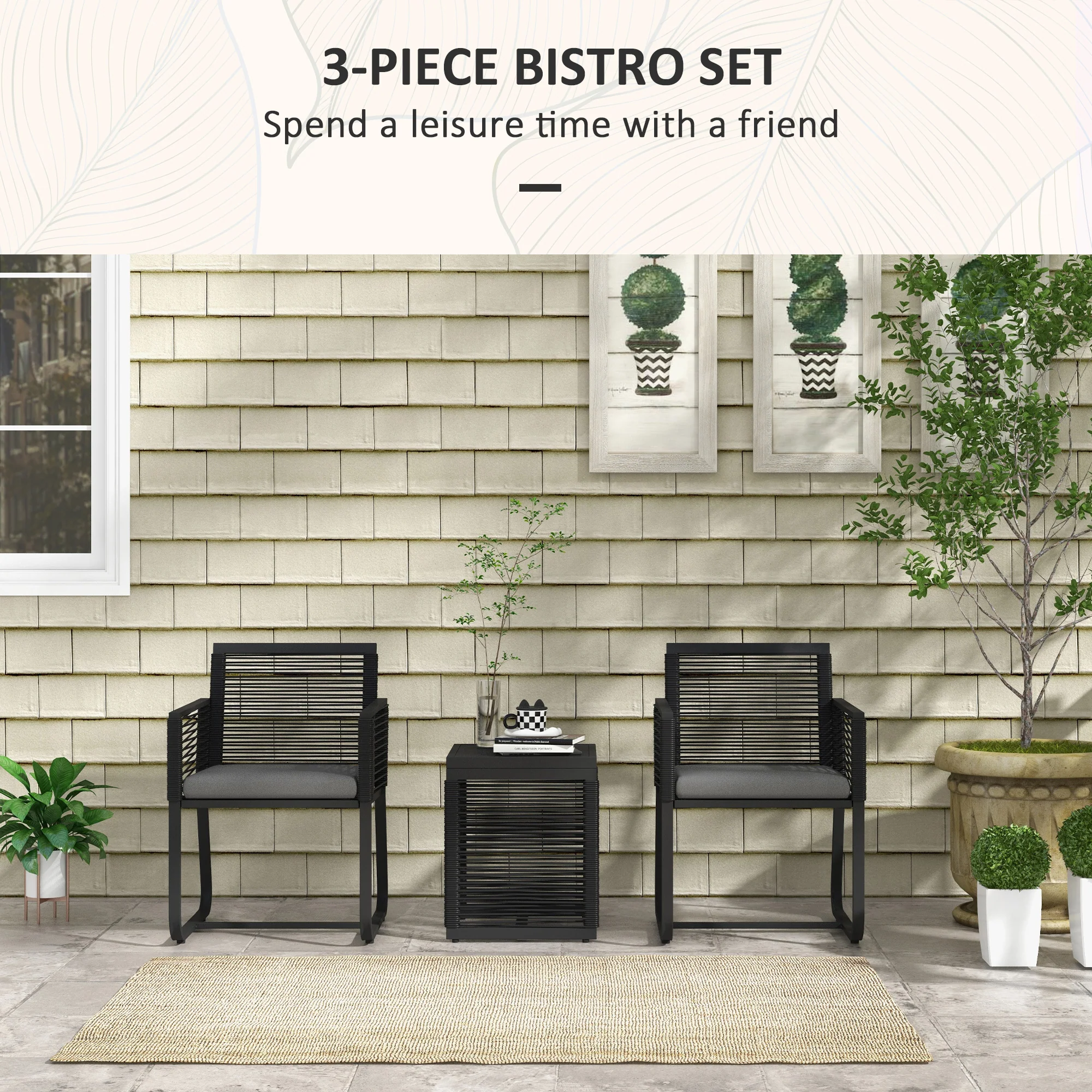 3 Pieces Patio Furniture Outdoor PE Rattan Bistro Set w/ Seat Cushions Tempered Glass Table for Garden Backyard, Black - Image 6