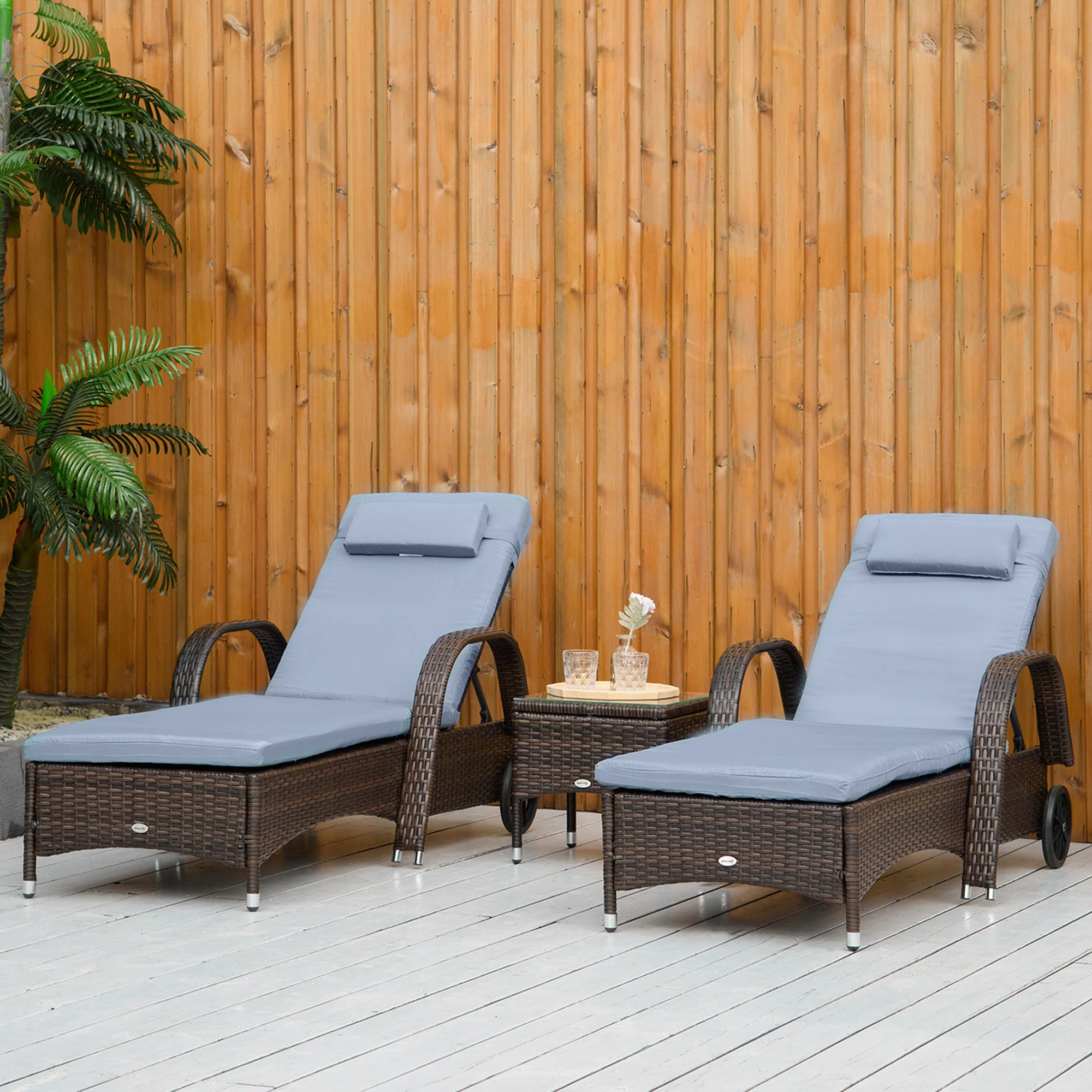 3 Pieces Wicker Patio Lounger Set with 5-Level Backrest, Table & Wheels, Grey - Image 3